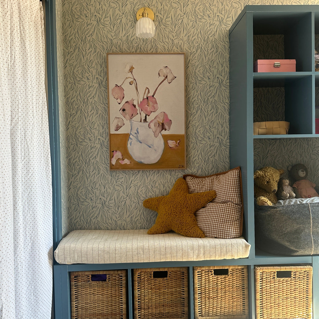 Everly minimalist Scandinavian wallpaper in blue and grey in a modern living space