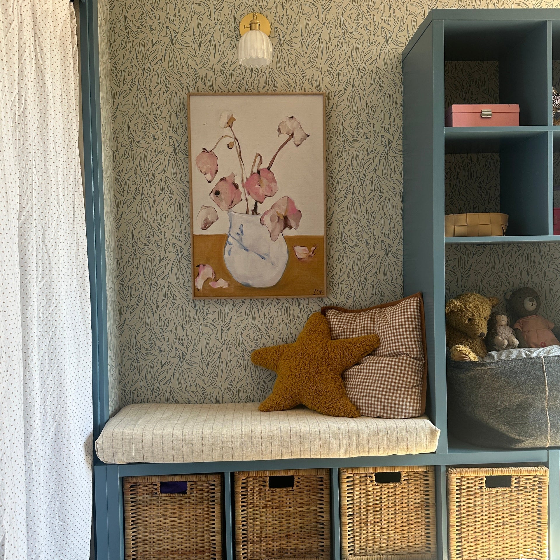 Everly minimalist Scandinavian wallpaper in blue and grey in a modern living space