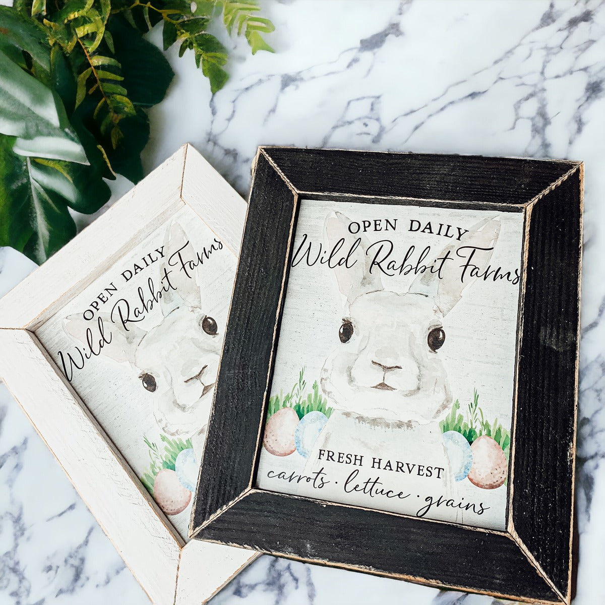Wild Rabbit Farms Easter art print with watercolor rabbit, pastel eggs, and farmhouse style frame