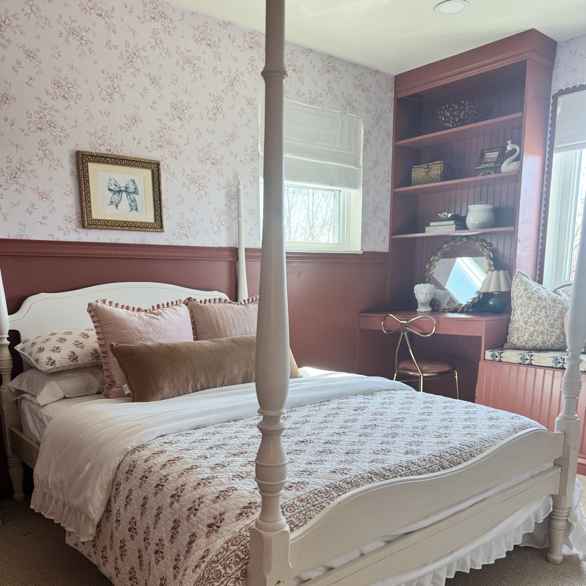 Gretl floral patterned removable wallpaper featuring dusty-rose and off-white tones