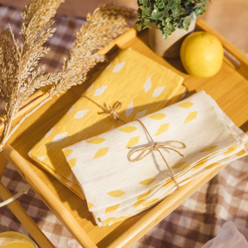 Pure Linen Table Napkins Set of 2 in Mustard White Geometric