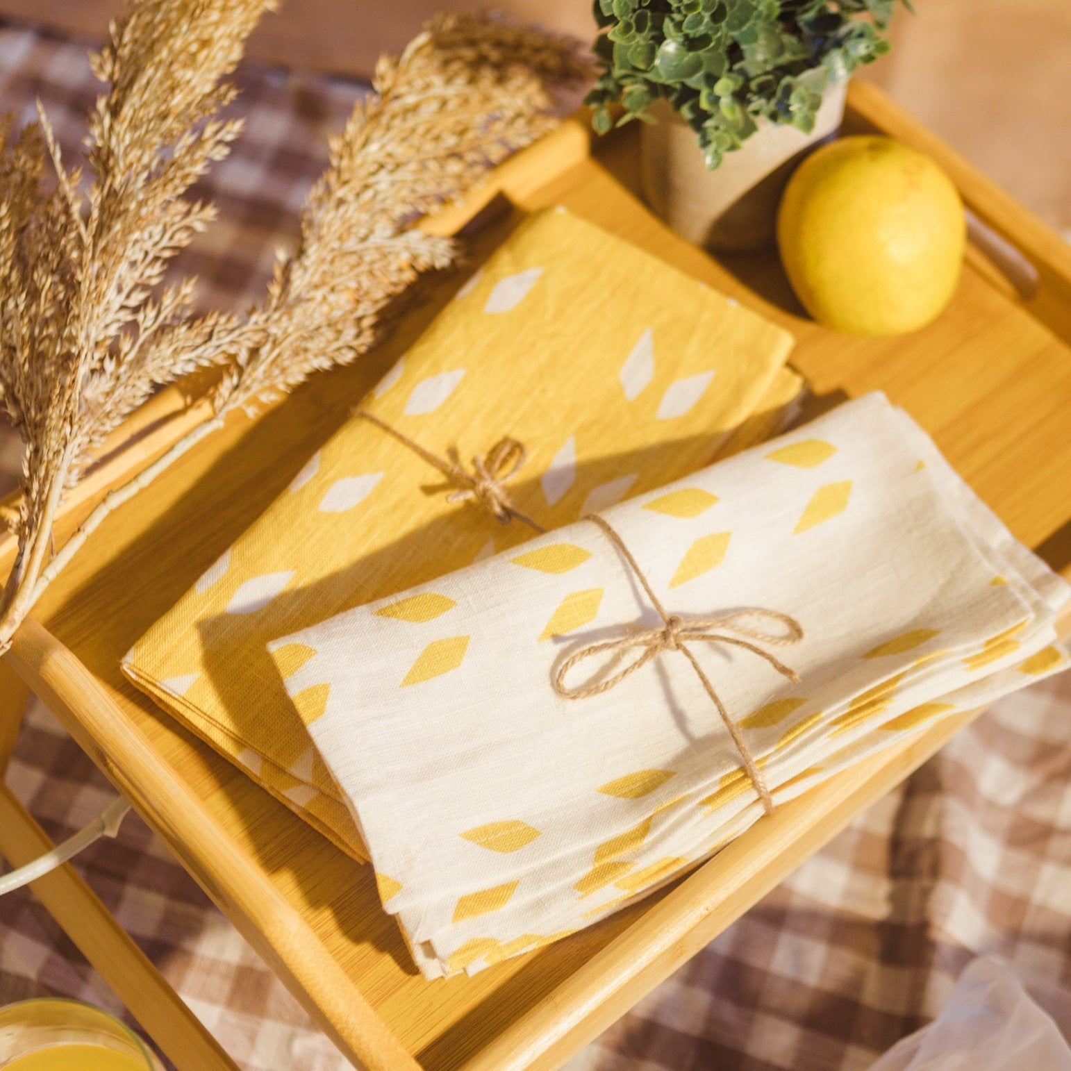 Pure Linen Table Napkins Set of 2 in Mustard White Geometric