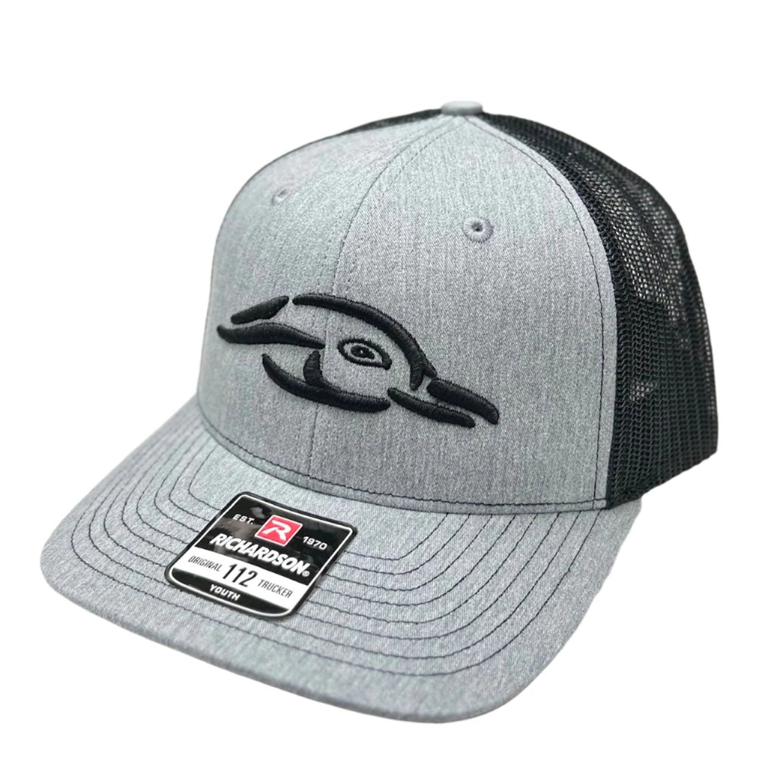 Youth heather grey hat with black mesh back and puff AFW Duck logo