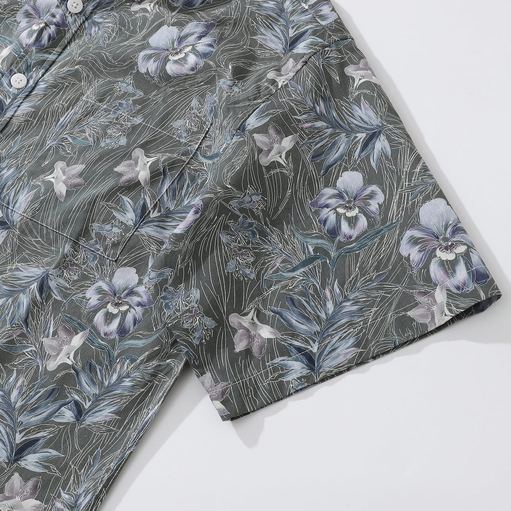 1920s Vintage Floral Aloha Shirt in Grey Blue and White