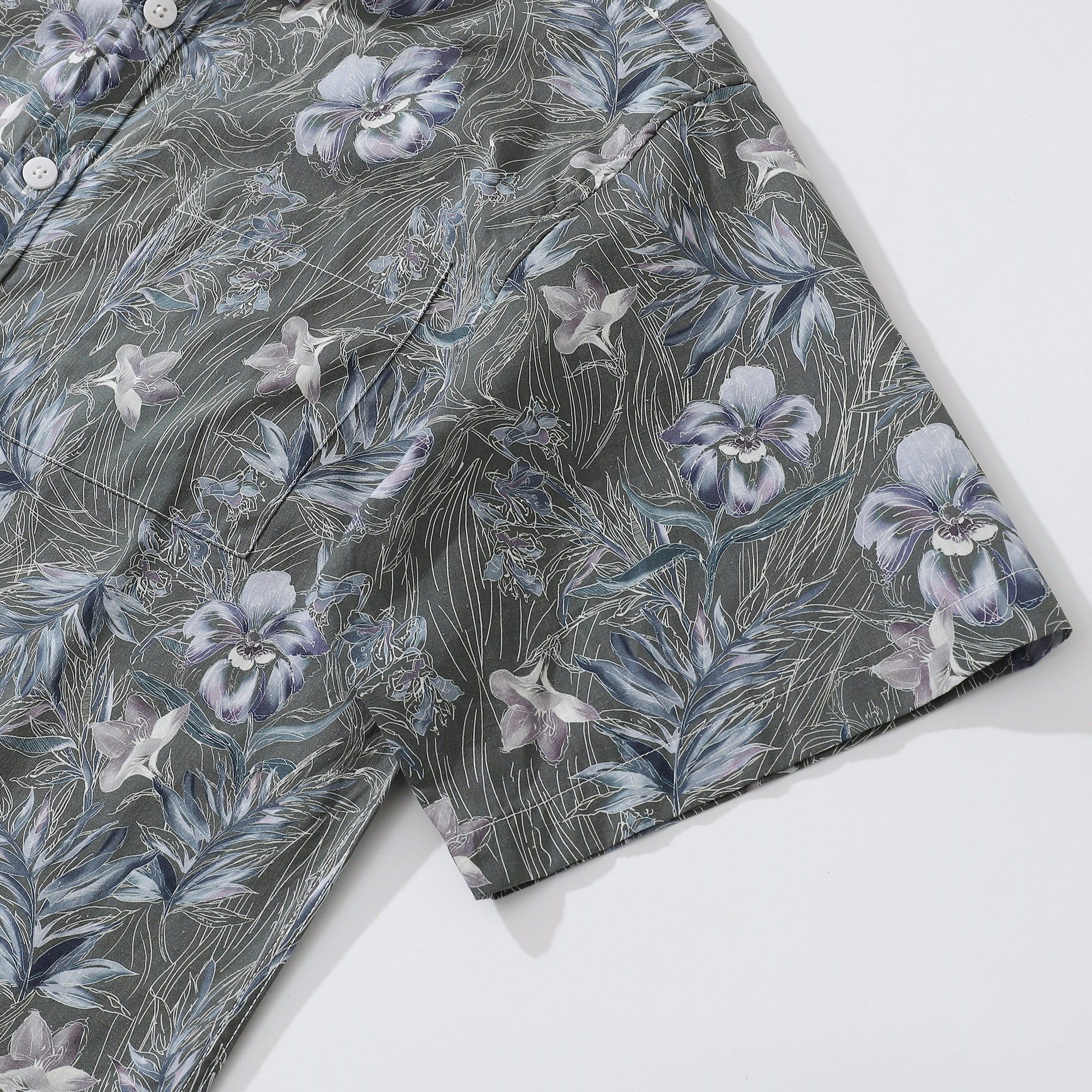 1920s Vintage Floral Aloha Shirt in Grey Blue and White