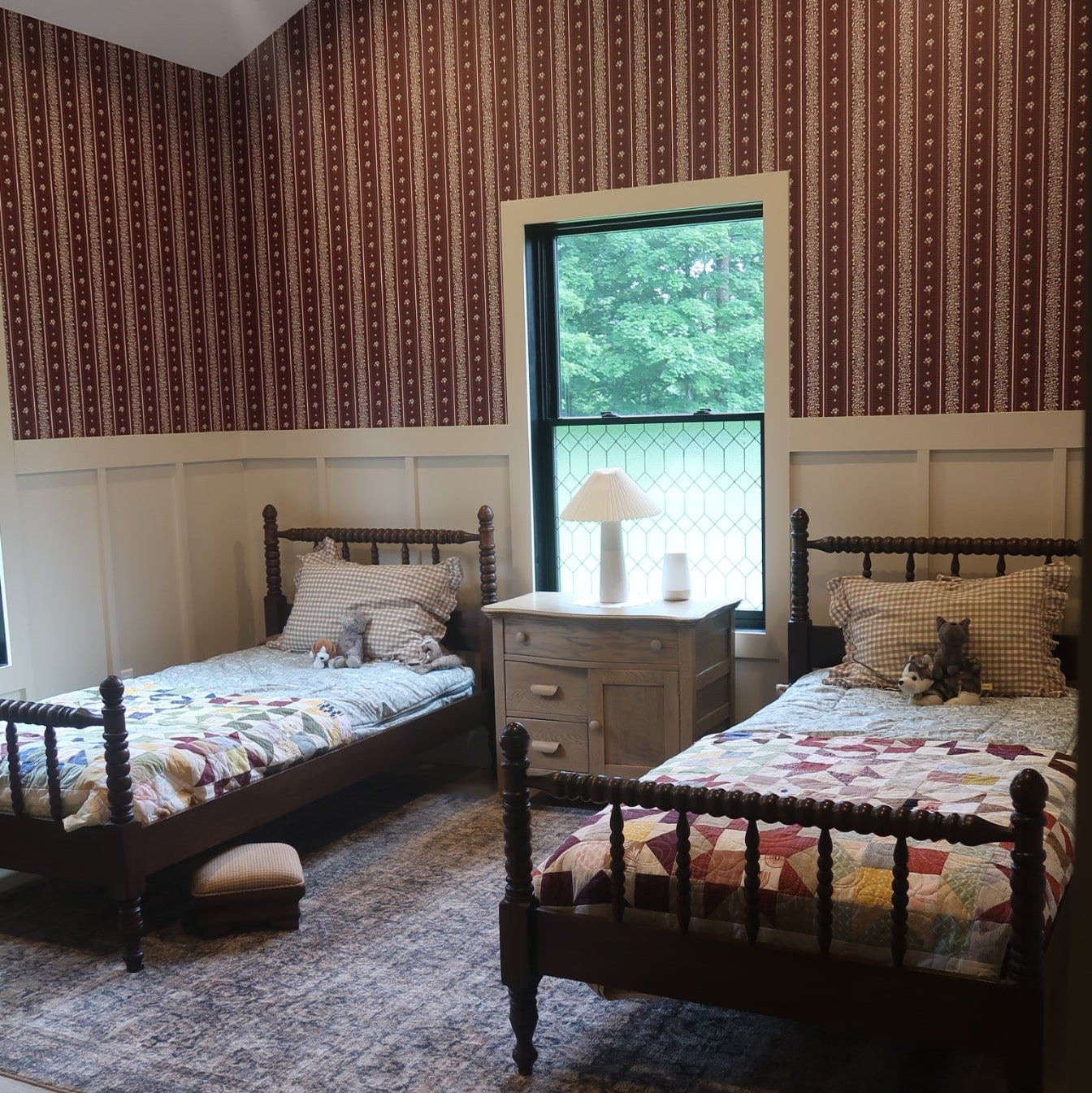 Lyla Striped Wallpaper in Burgundy, Blue, and Cream