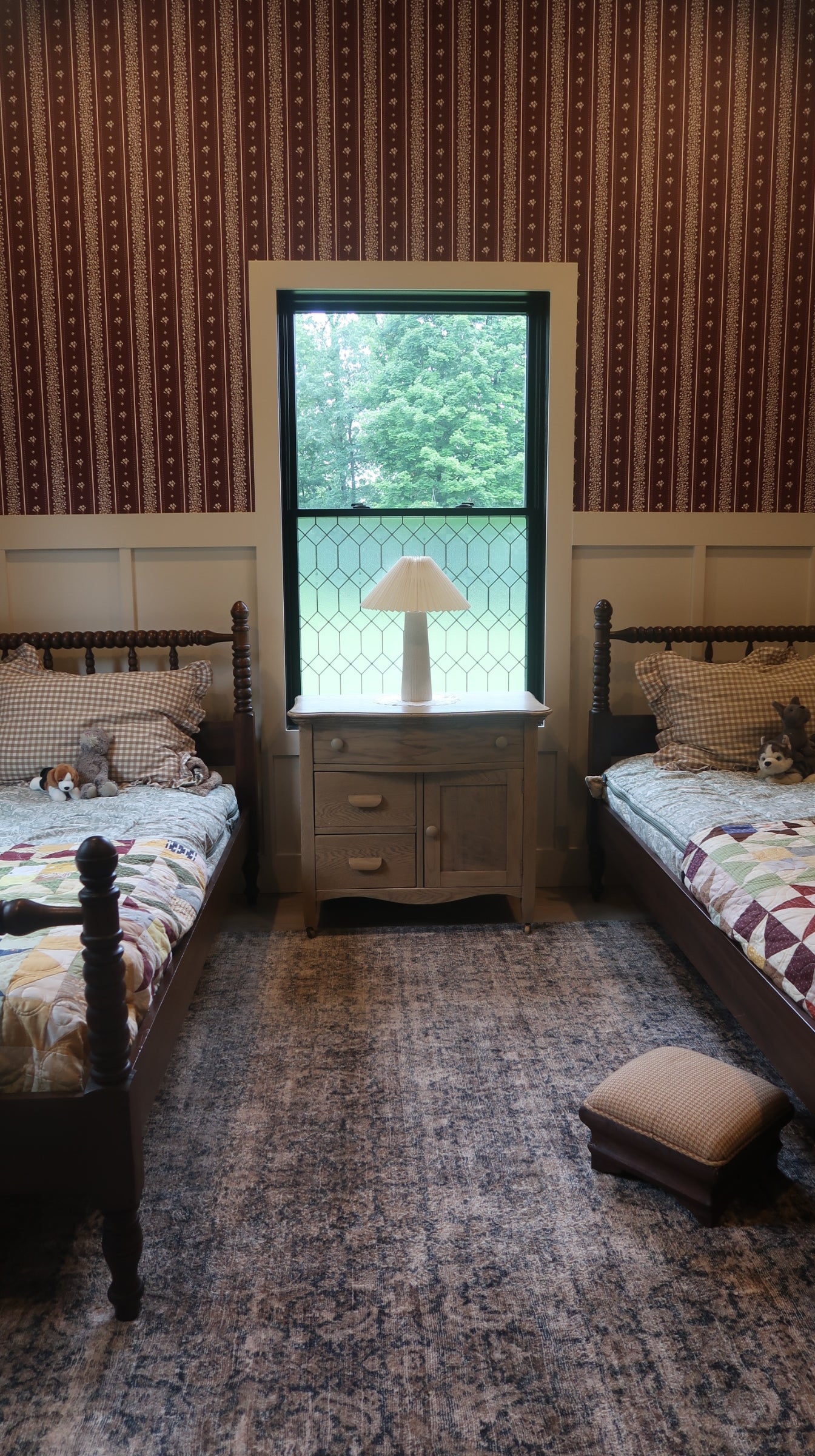 Lyla Striped Wallpaper in Burgundy, Blue, and Cream