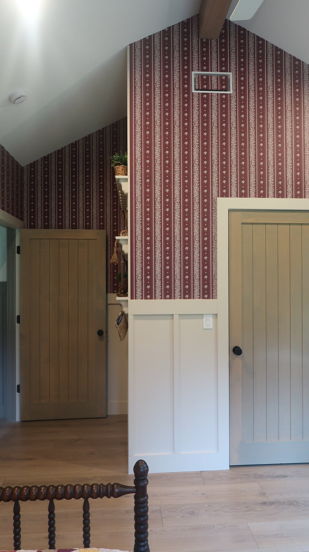Lyla Striped Wallpaper in Burgundy, Blue, and Cream