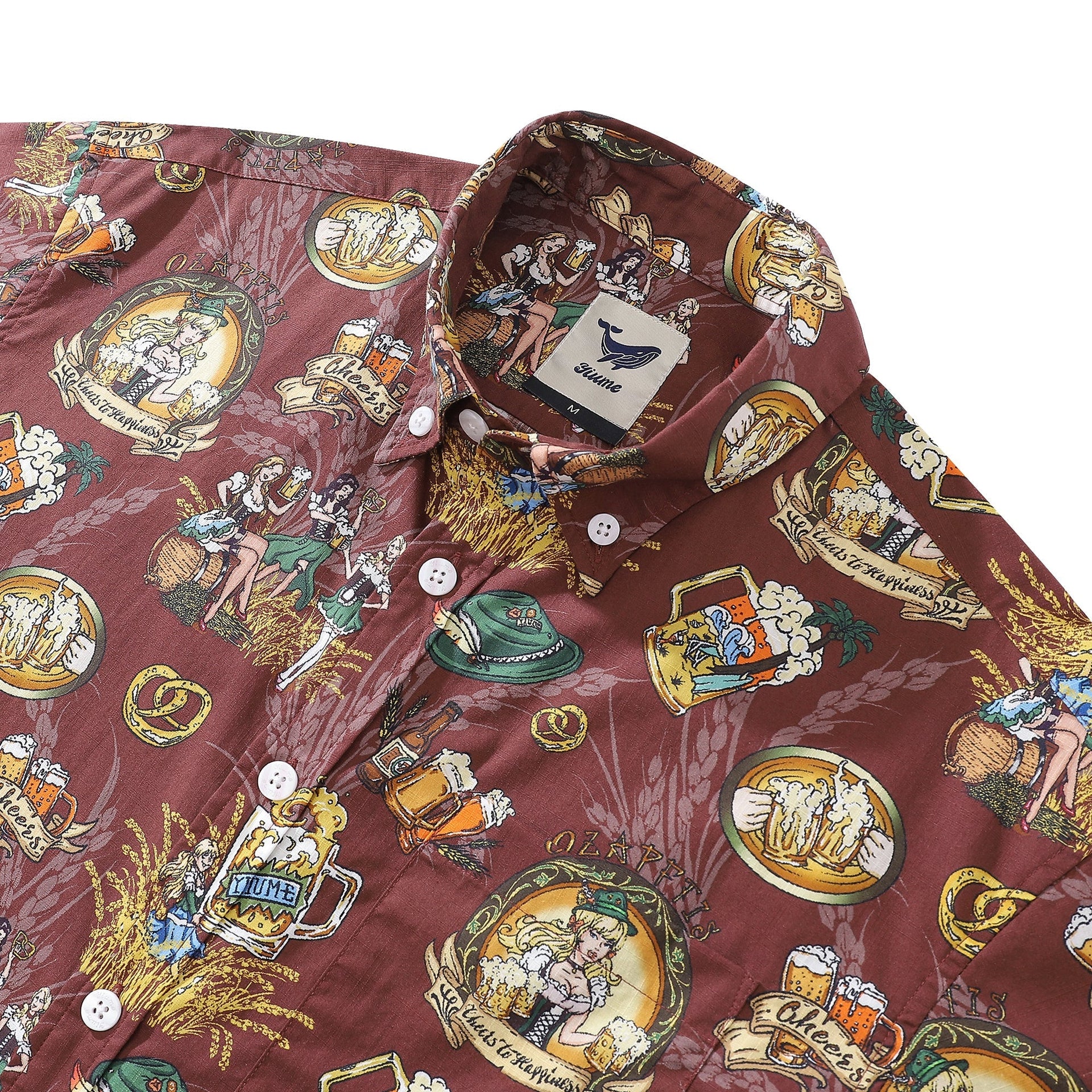 Men's Oktoberfest Aloha Shirt Maroon Multi-Color Cotton Button-Down