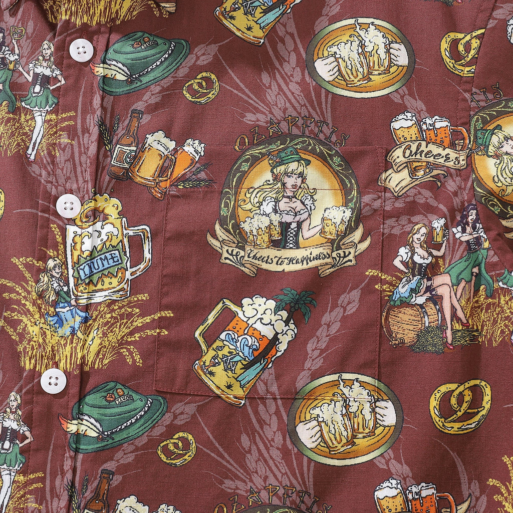 Men's Oktoberfest Aloha Shirt Maroon Multi-Color Cotton Button-Down