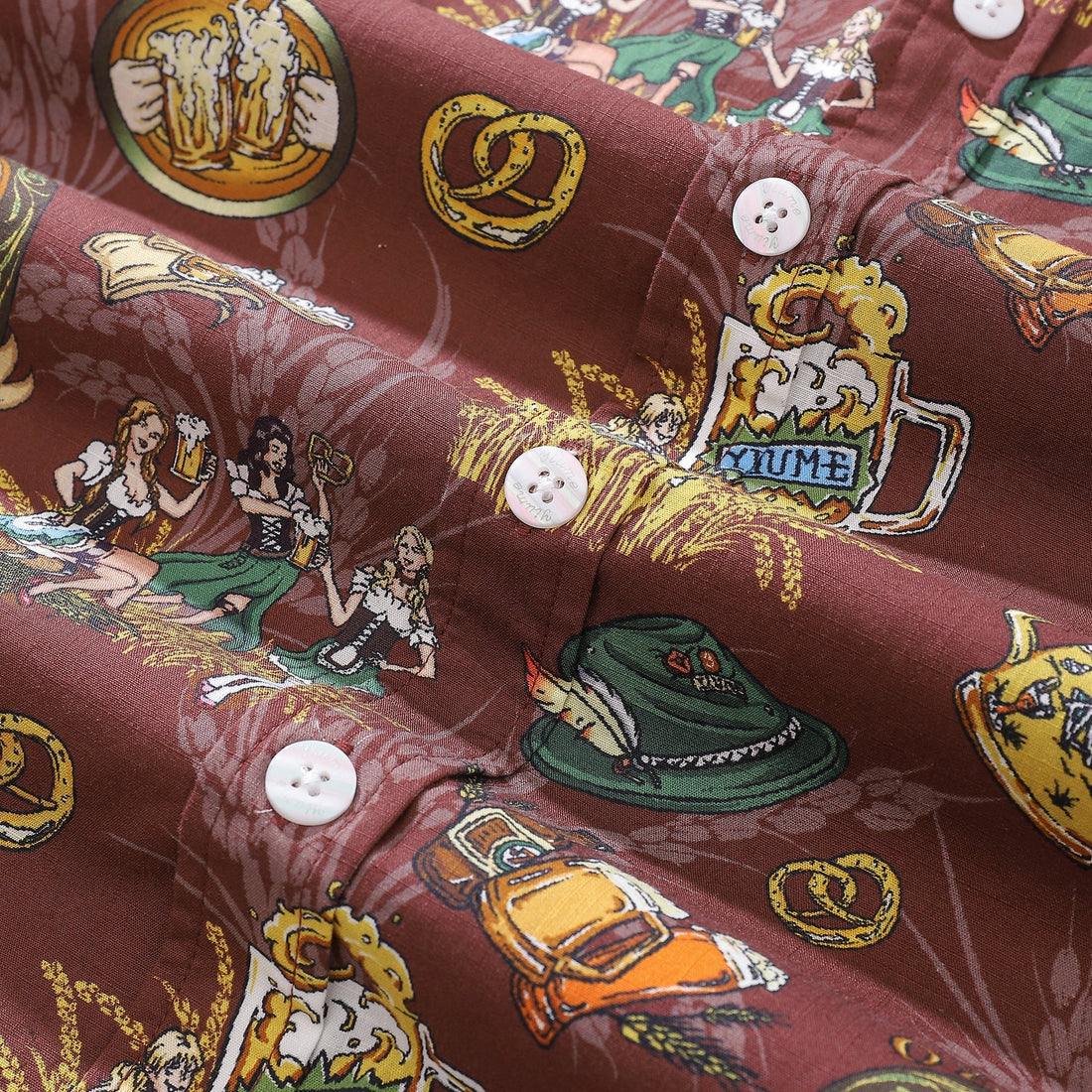 Men's Oktoberfest Aloha Shirt Maroon Multi-Color Cotton Button-Down