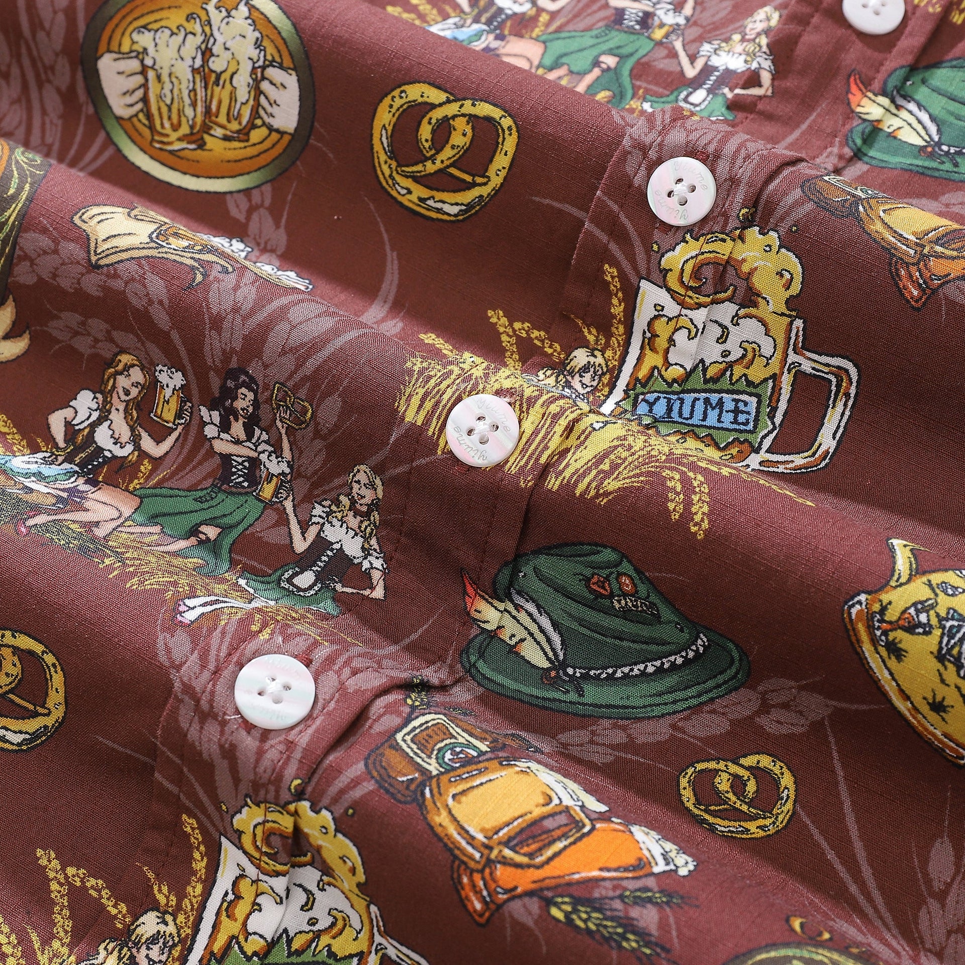 Men's Oktoberfest Aloha Shirt Maroon Multi-Color Cotton Button-Down