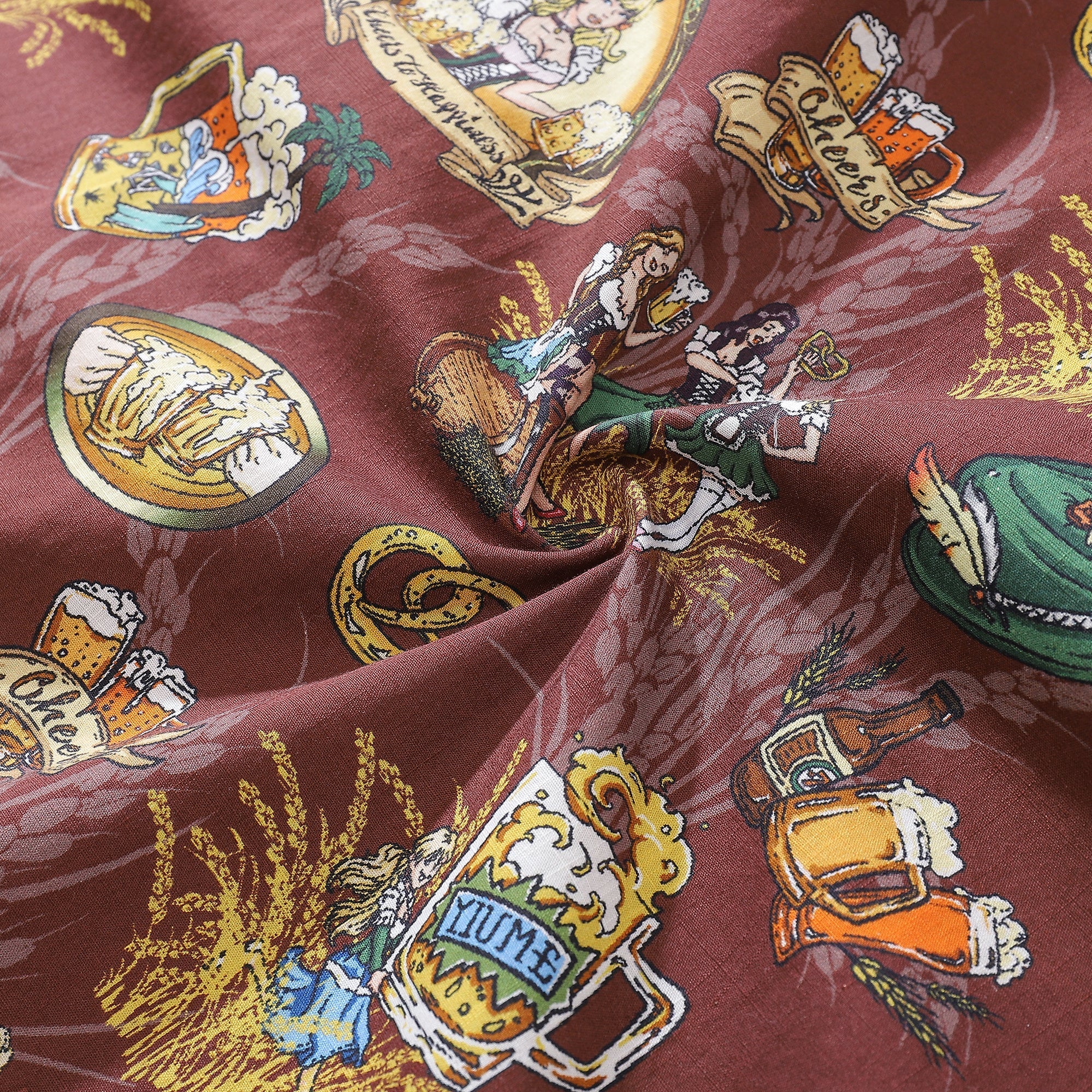 Men's Oktoberfest Aloha Shirt Maroon Multi-Color Cotton Button-Down