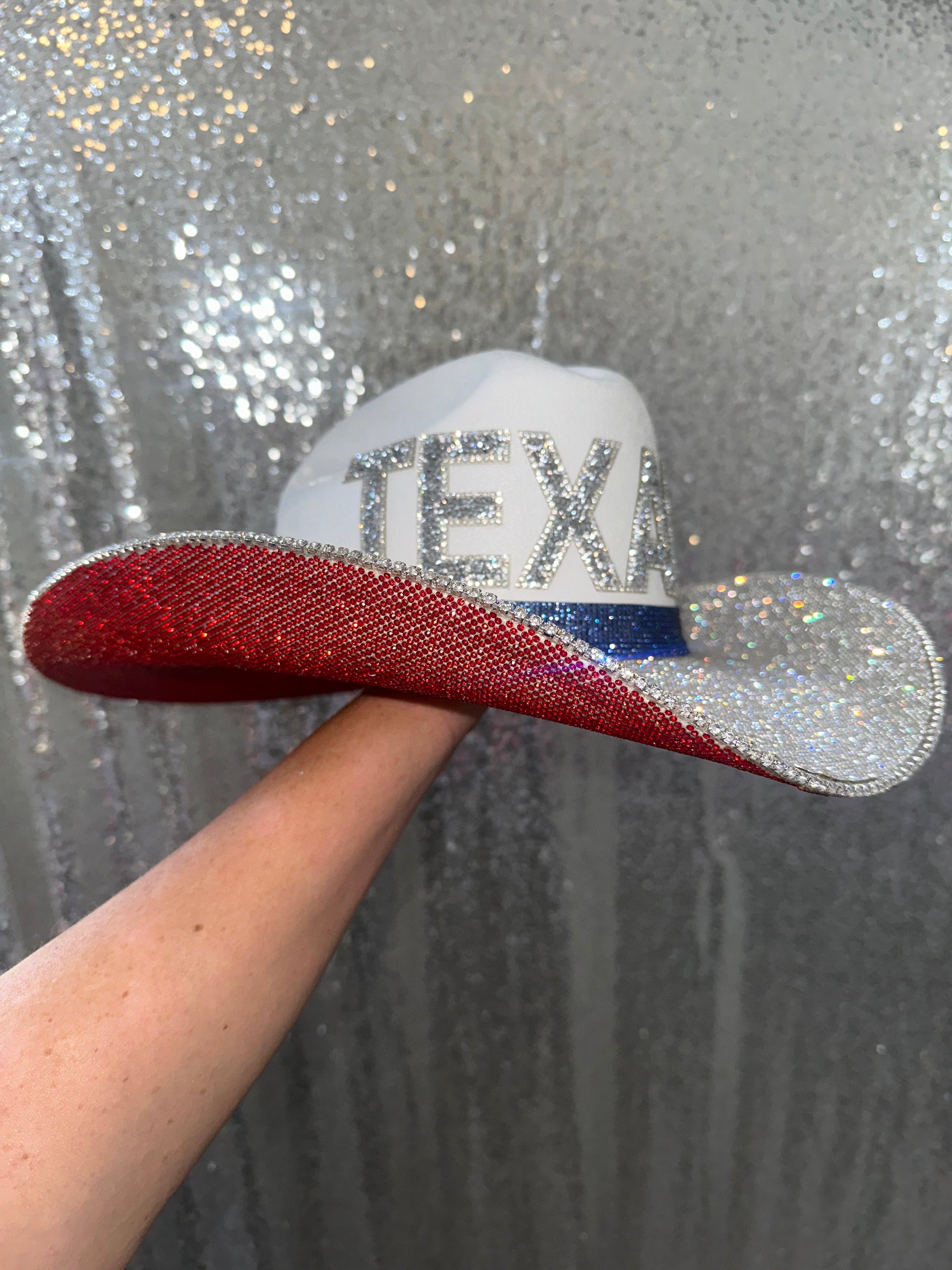 Houston Texans glamorous western-style hat in white, red, blue, and silver