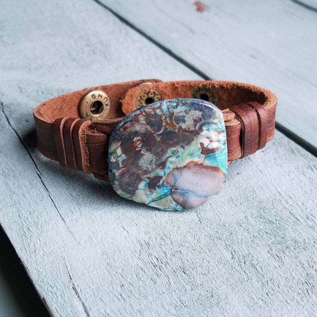 Genuine Ocean Agate Slab and Leather Snap Cuff Bracelet - Image 6