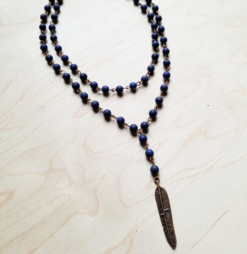 Blue Lapis Double Strand Lariat Necklace with Copper Feather 244z