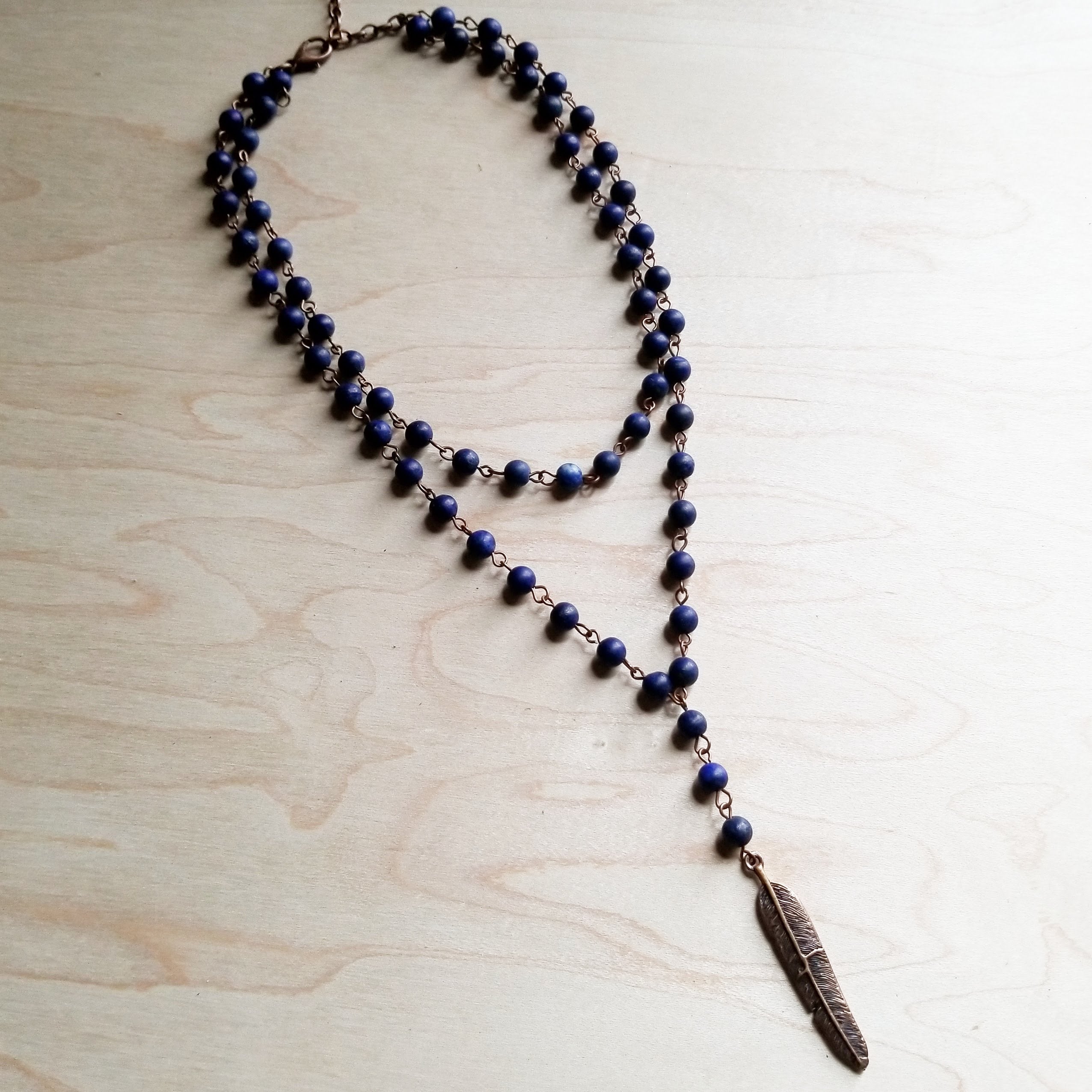 Blue Lapis Double Strand Lariat Necklace with Copper Feather 244z