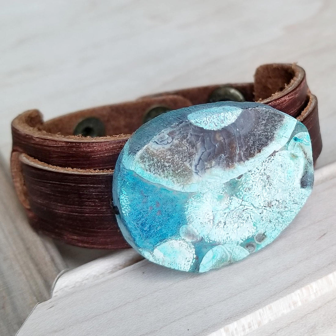 Genuine Ocean Agate Slab and Leather Snap Cuff Bracelet - Image 5