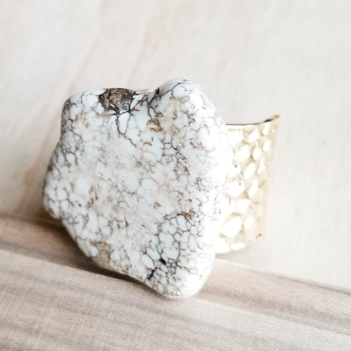White Turquoise Howlite Slab Ring Gold Cuff