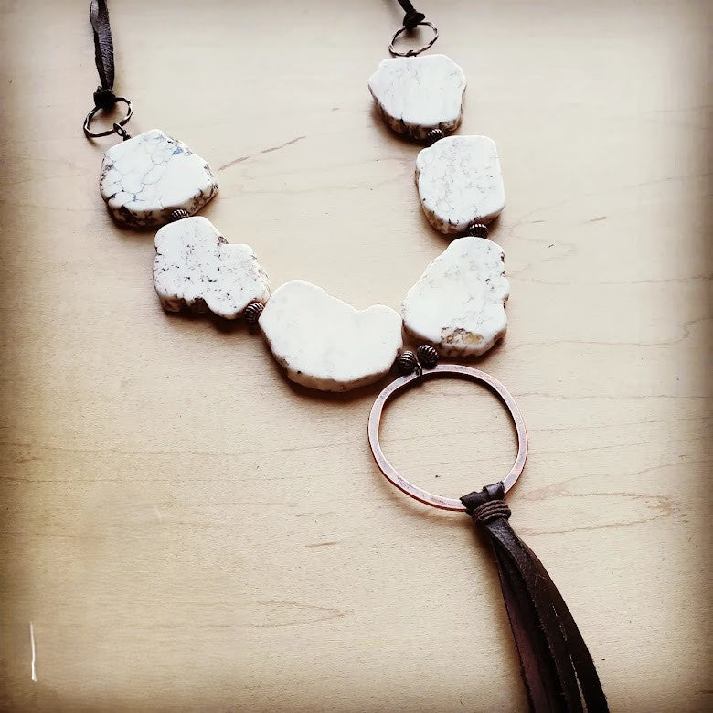 White Turquoise Chunky Necklace Leather Tassel