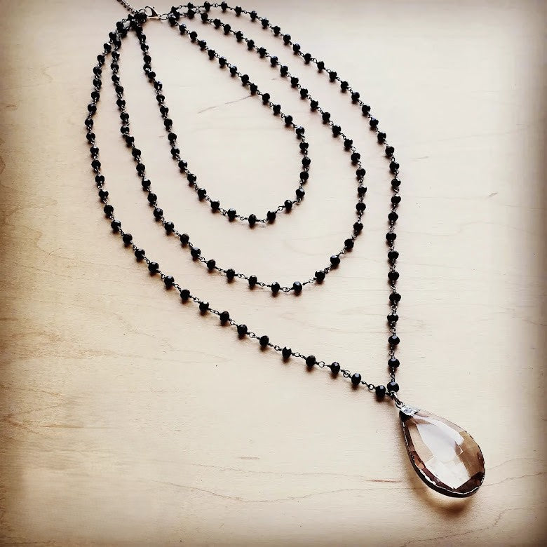 Faceted Glass Beaded Triple Strand Layering Necklace w/ Pendant 253k