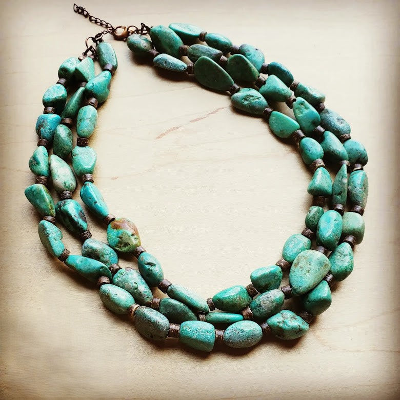 **Large Triple Strand Natural Turquoise & Wood Collar Necklace 252x