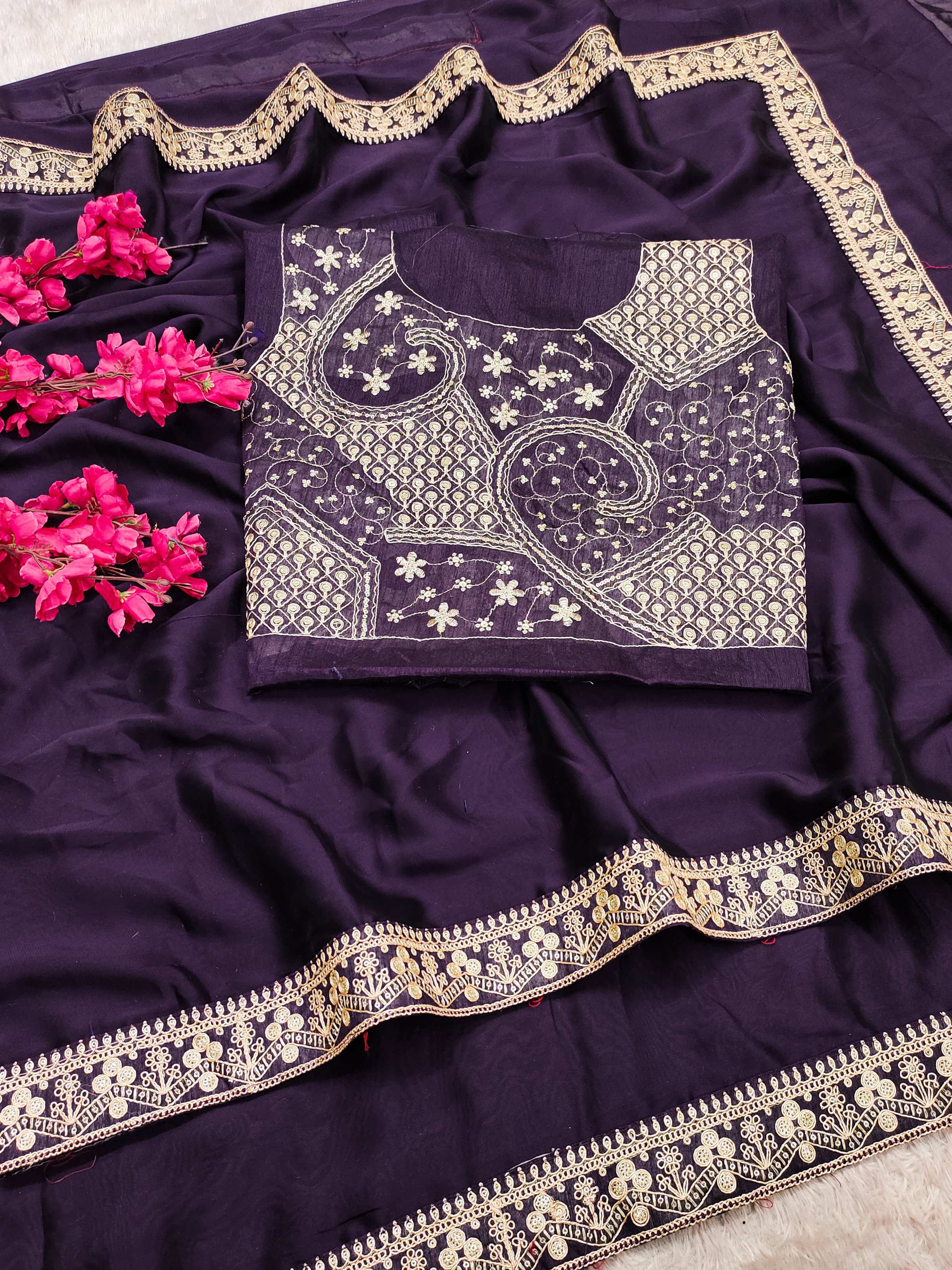 Lorenvalley Fashion Purple Rangoli Silk with Coding Sequence and Multi Lace Work Saree with Blouse