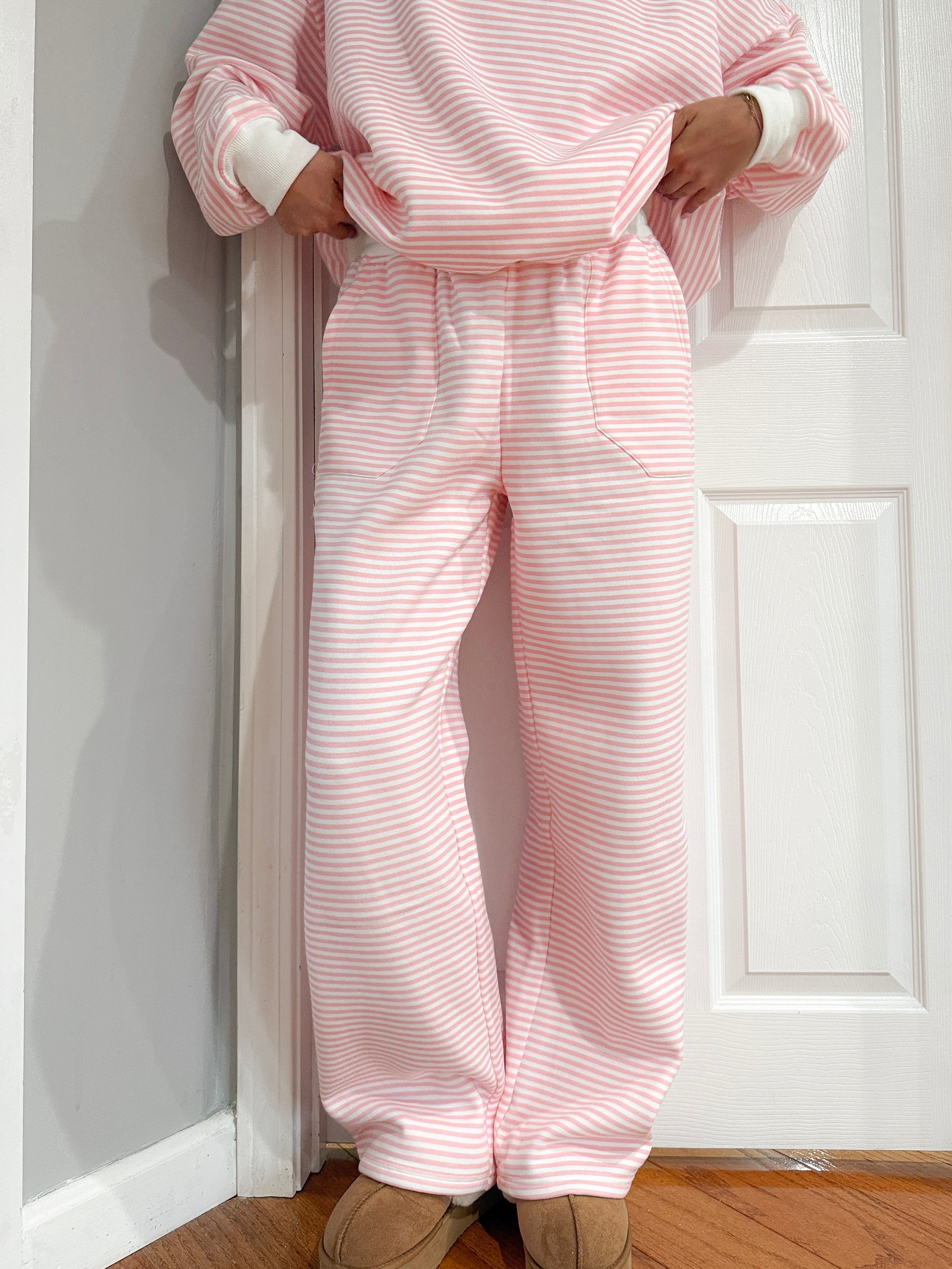 Light Pink and White Striped Unisex Sweatpants Lounge Bottoms