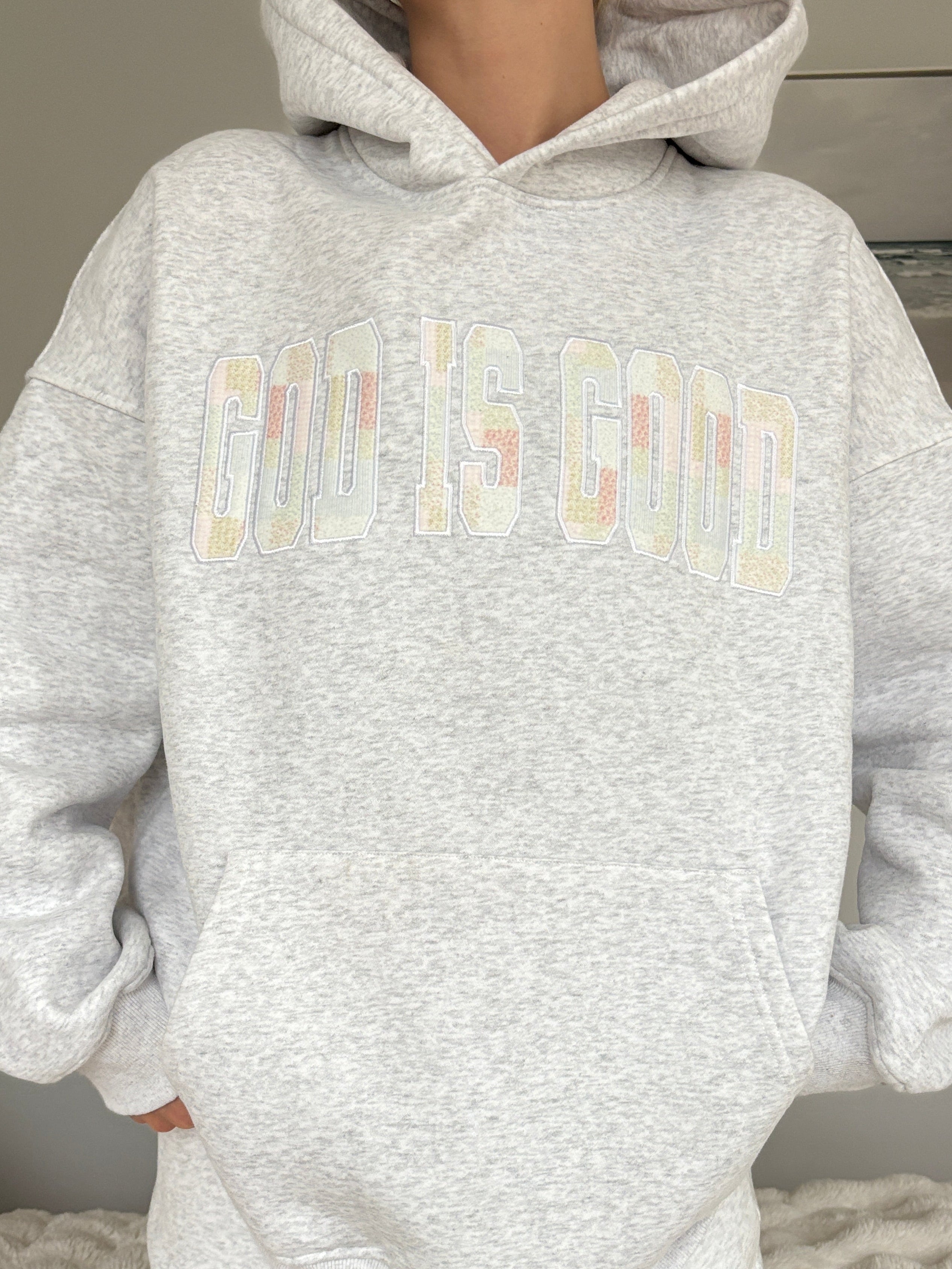 God Is Good Quilted Pastel Embroidered Oversized Hoodie Unisex