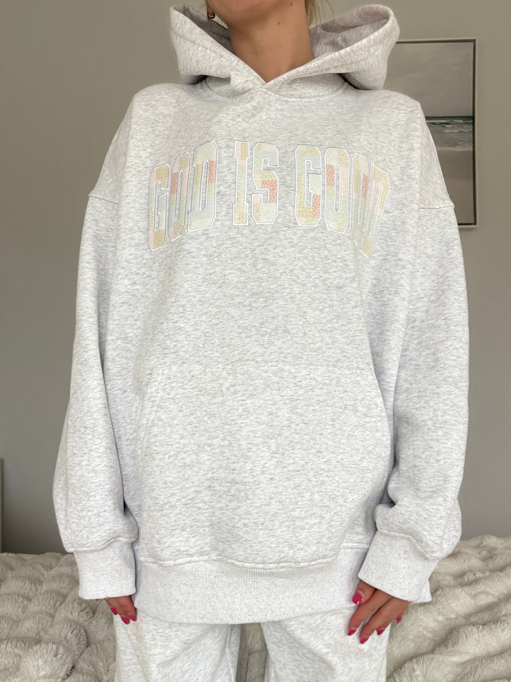 God Is Good Quilted Pastel Embroidered Oversized Hoodie Unisex