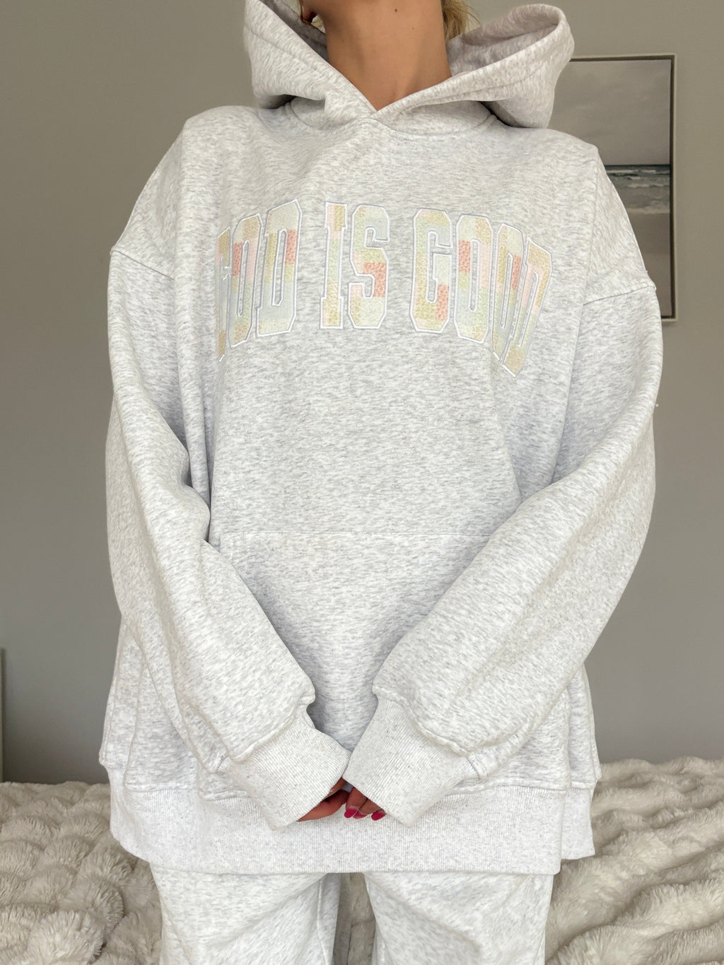 God Is Good Quilted Pastel Embroidered Oversized Hoodie Unisex