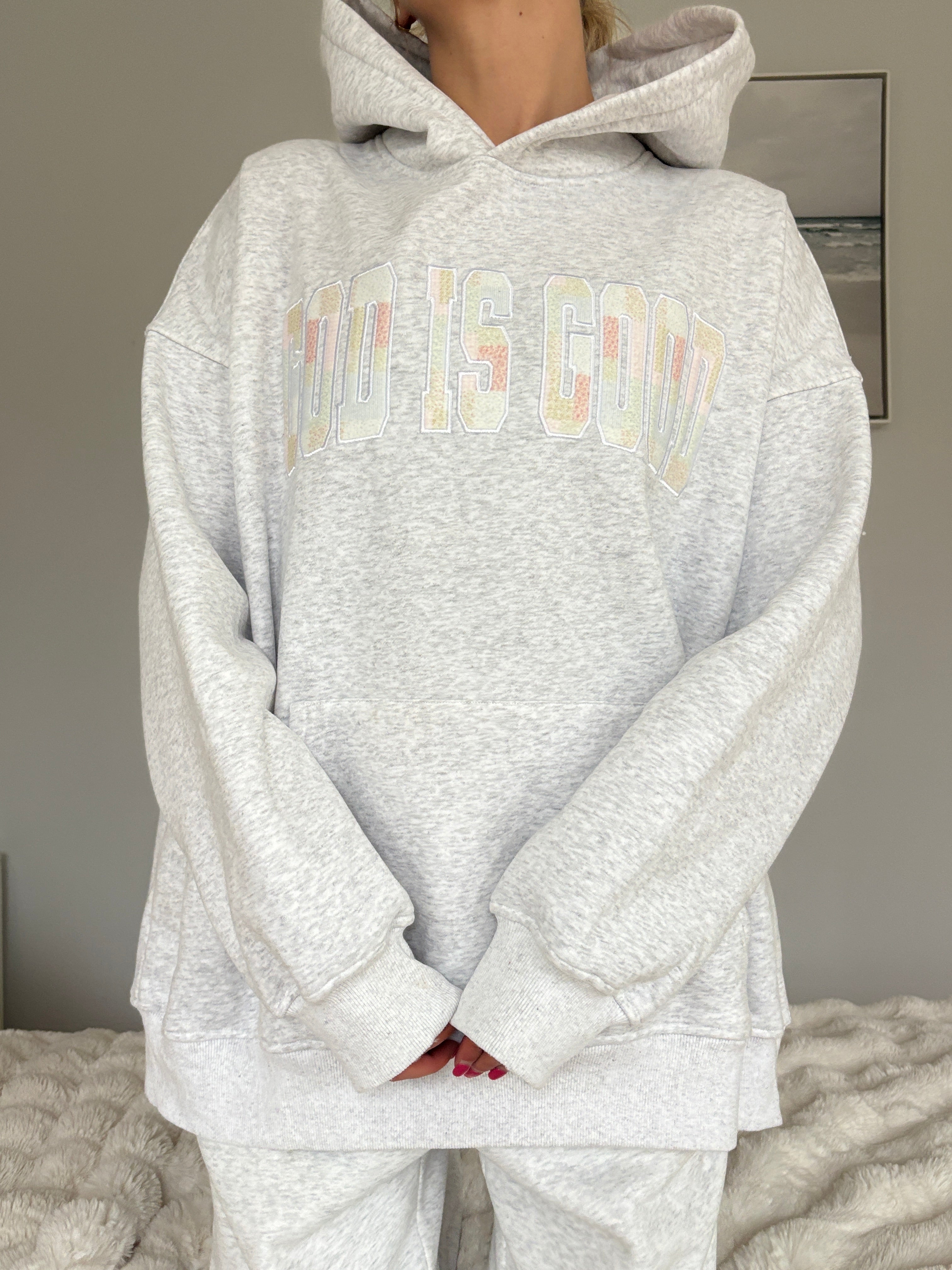 God Is Good Quilted Pastel Embroidered Oversized Hoodie Unisex