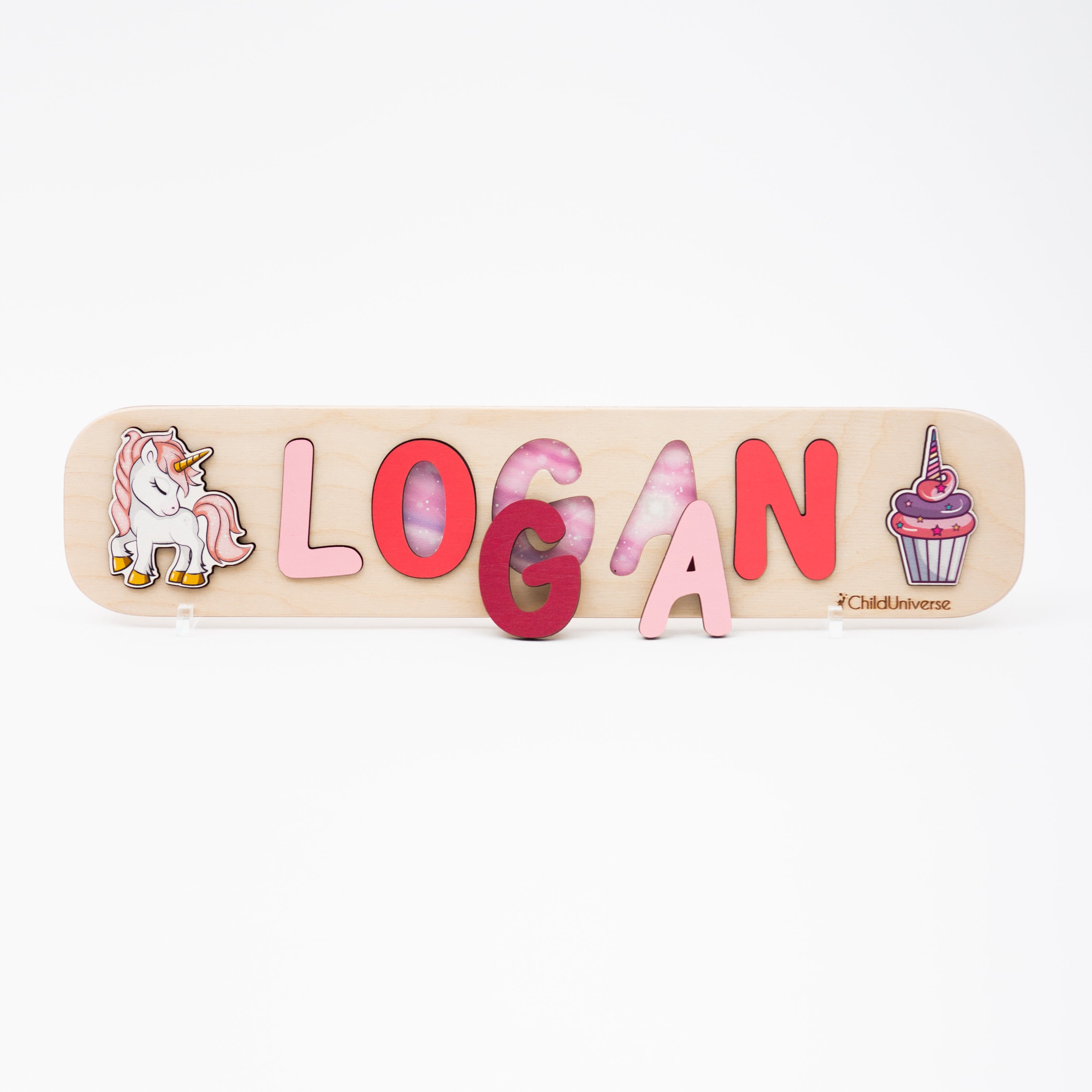 Personalized pink and red wooden unicorn name puzzle for nursery decor