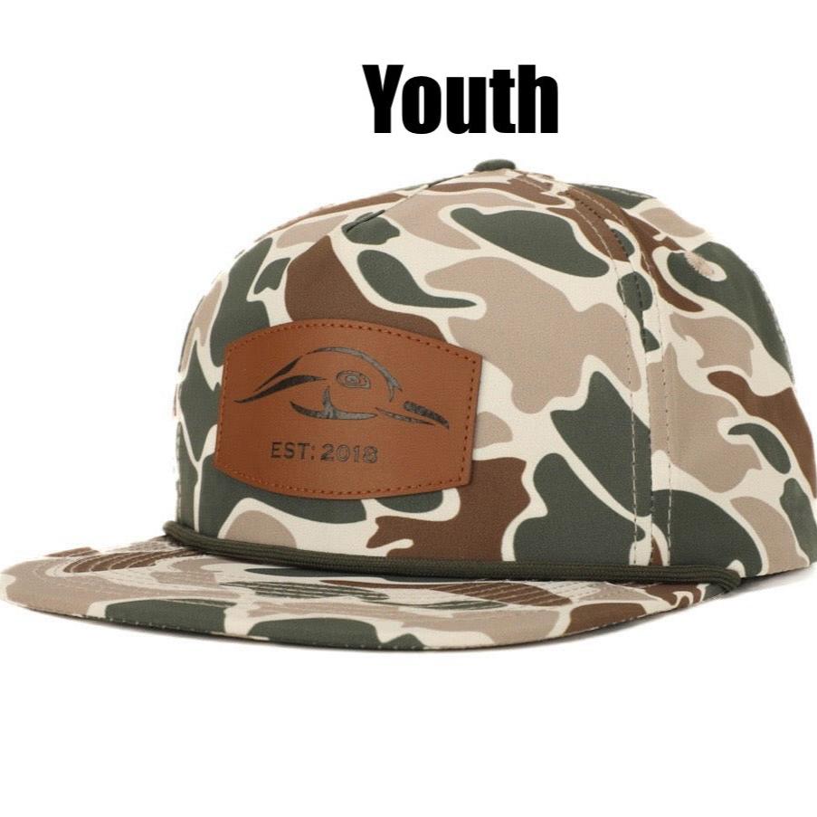 Youth-sized vintage rope hat in green and brown with a leather patch and snapback closure.