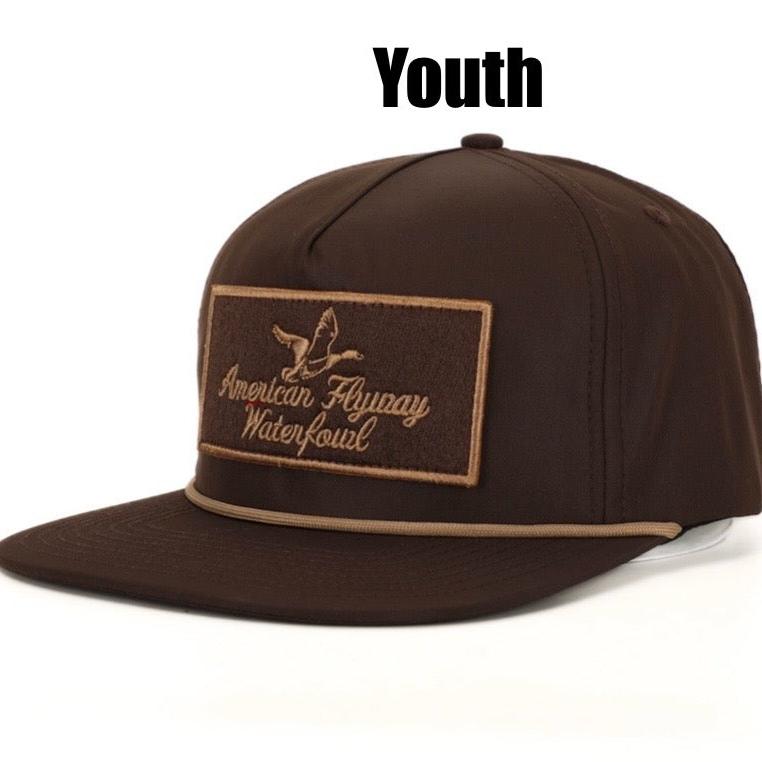 Youth brown vintage-style rope hat with front patch and tan rope detail