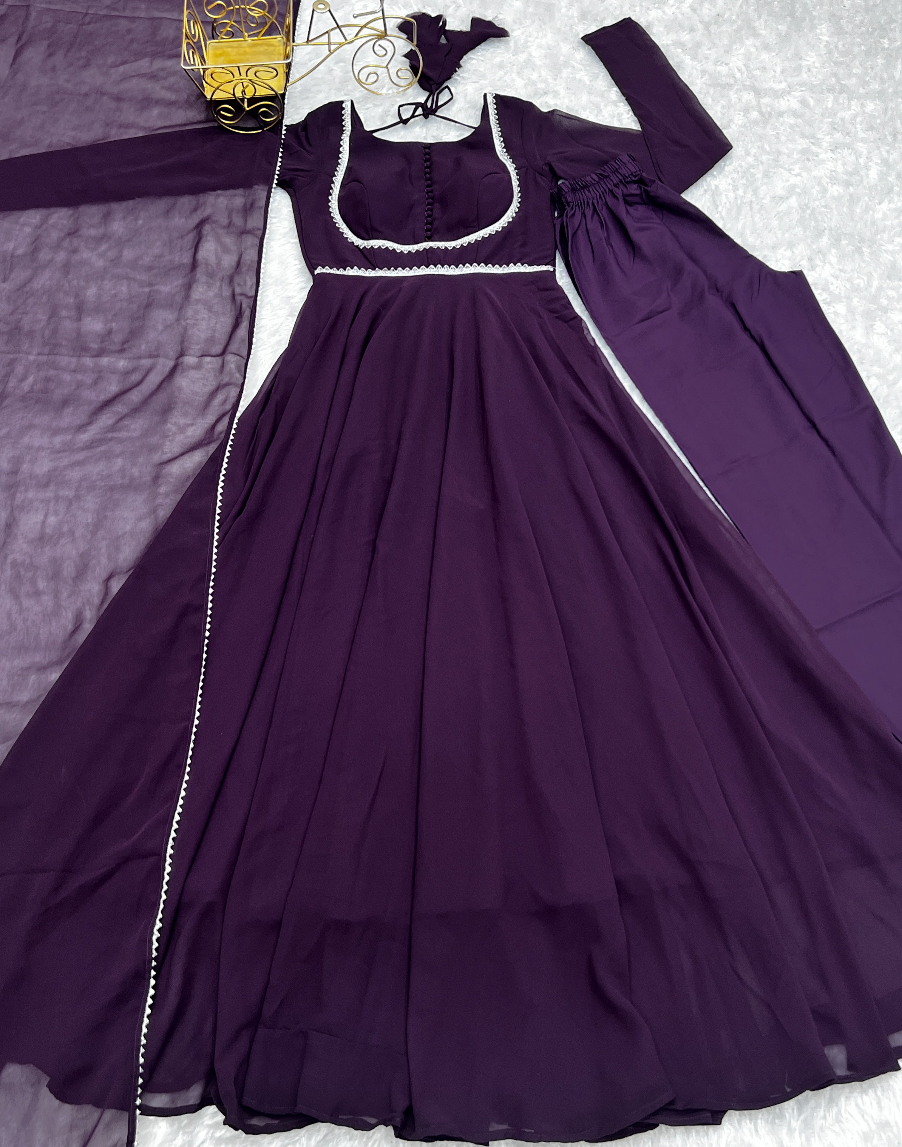 Wine Georgette Anarkali Gown Set with Pant and Dupatta
