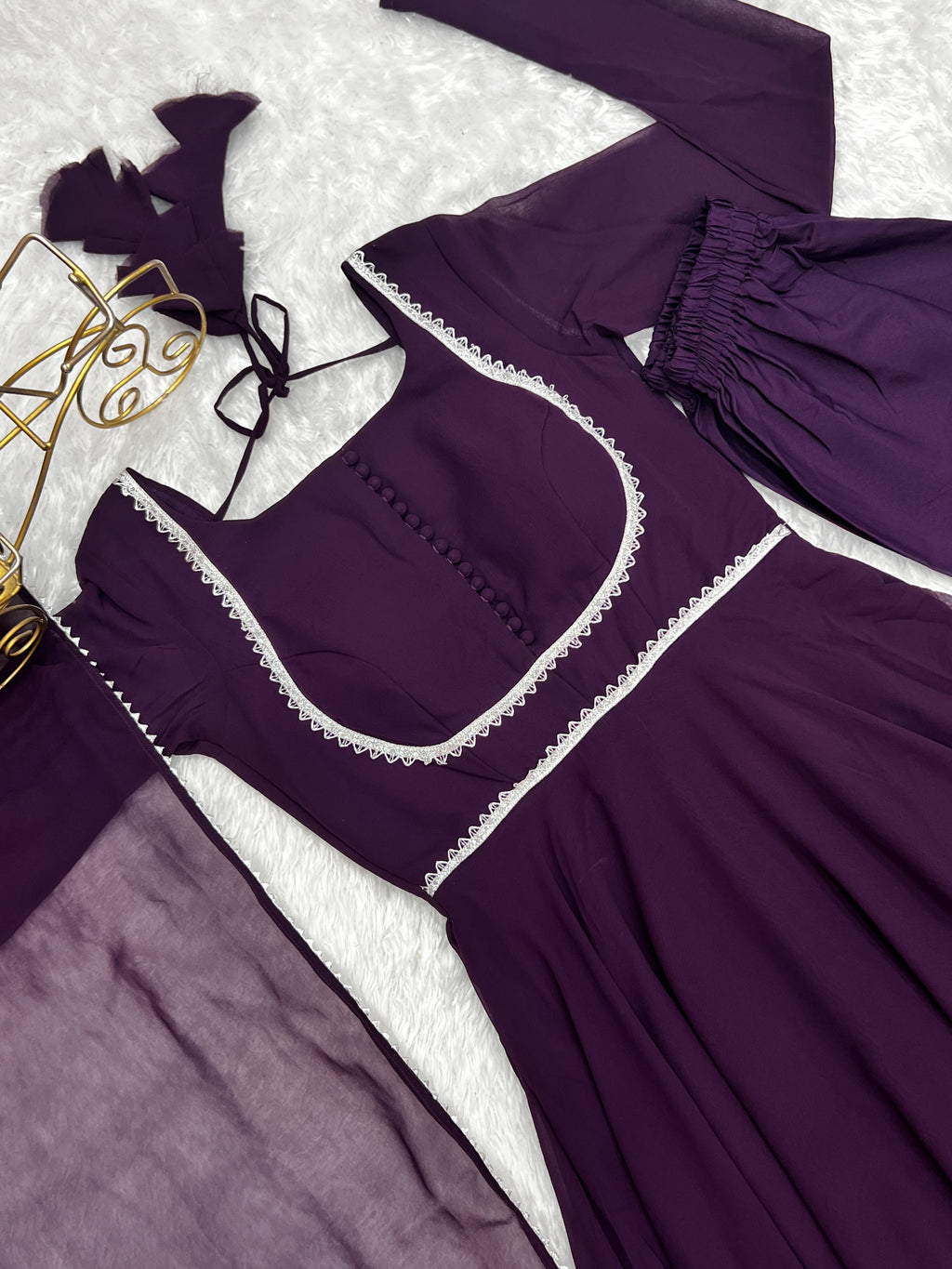 Wine Georgette Anarkali Gown Set with Pant and Dupatta