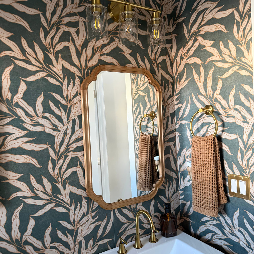 Oaks pattern wallpaper by Taddy Mikelaites on a neutral interior wall
