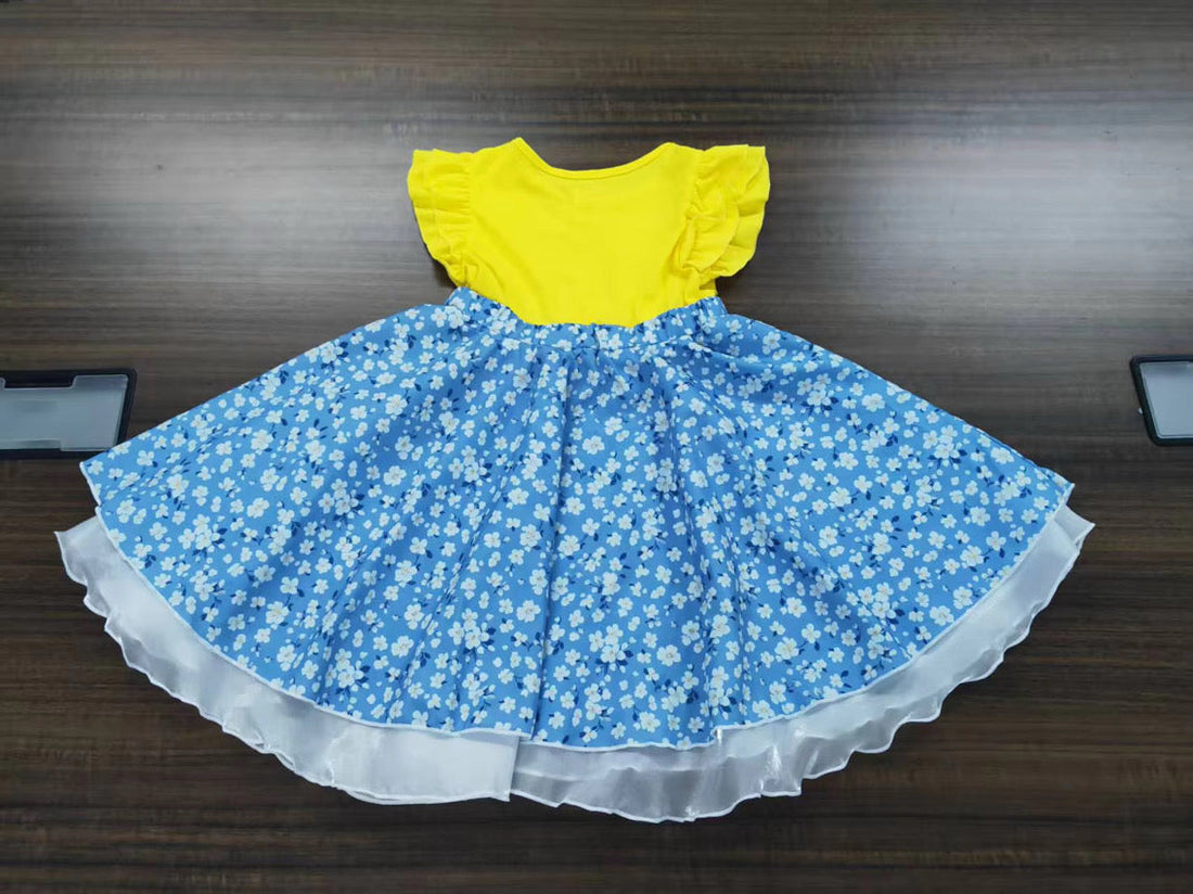 Yellow and Blue Floral Toddler Dress with Ruffle Sleeves - Image 6