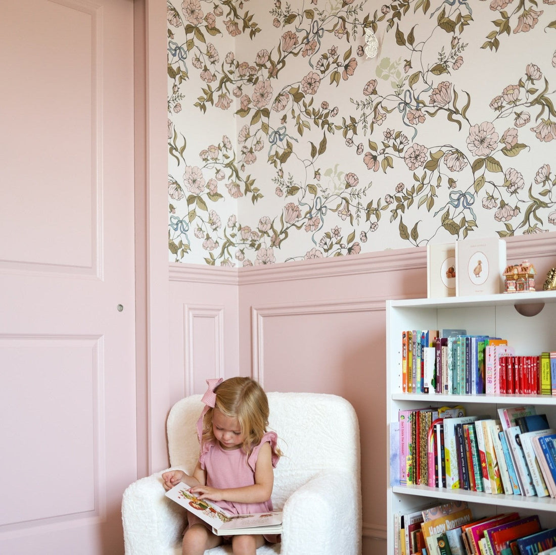 Lettie floral wallpaper in sage-green and blush-pink showing a vintage cottagecore design.