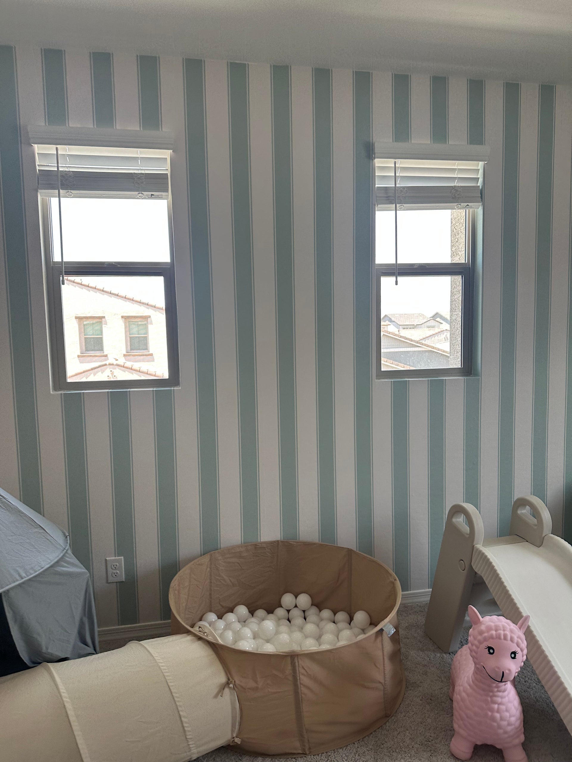 Andy Striped Removable Wallpaper in Blue, White, Pink and Cream