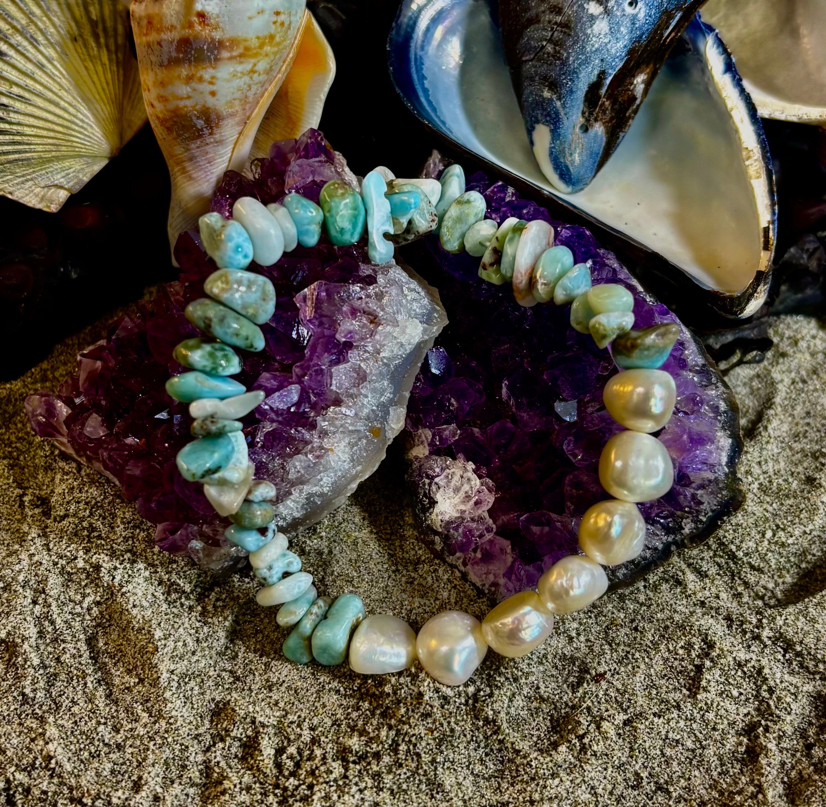 🌊 Mermaid's Treasure Bracelet - Larimar & Cultured Freshwater Pearl Stretch Bracelet