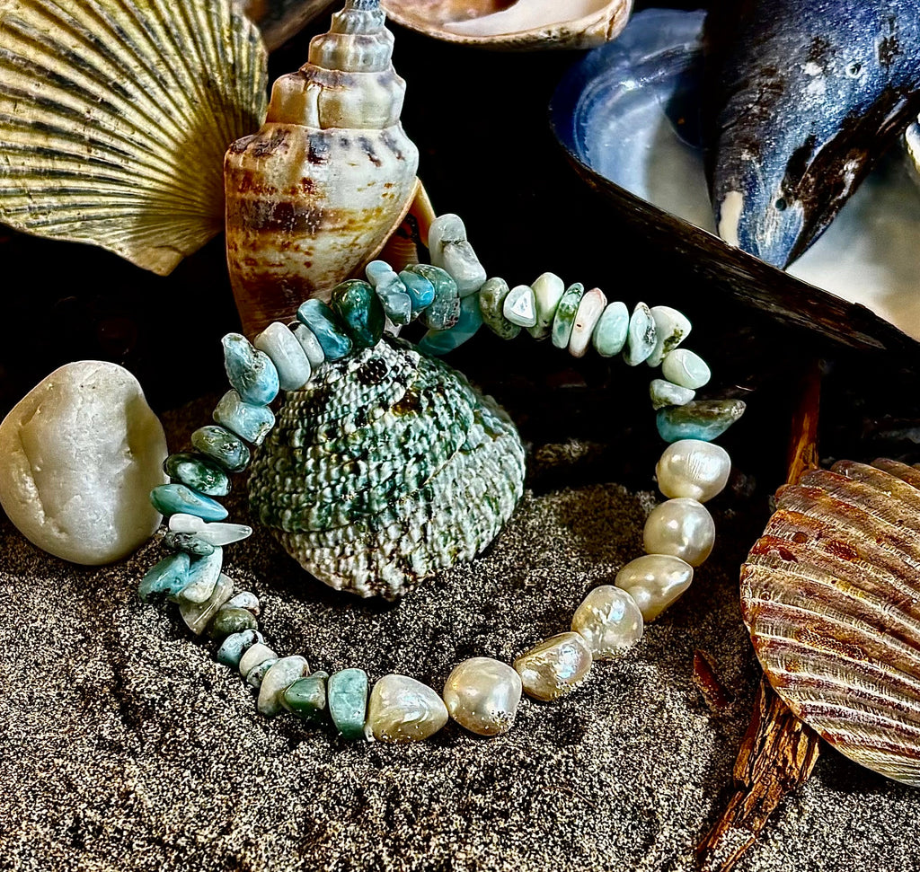 🌊 Mermaid's Treasure Bracelet - Larimar & Cultured Freshwater Pearl Stretch Bracelet