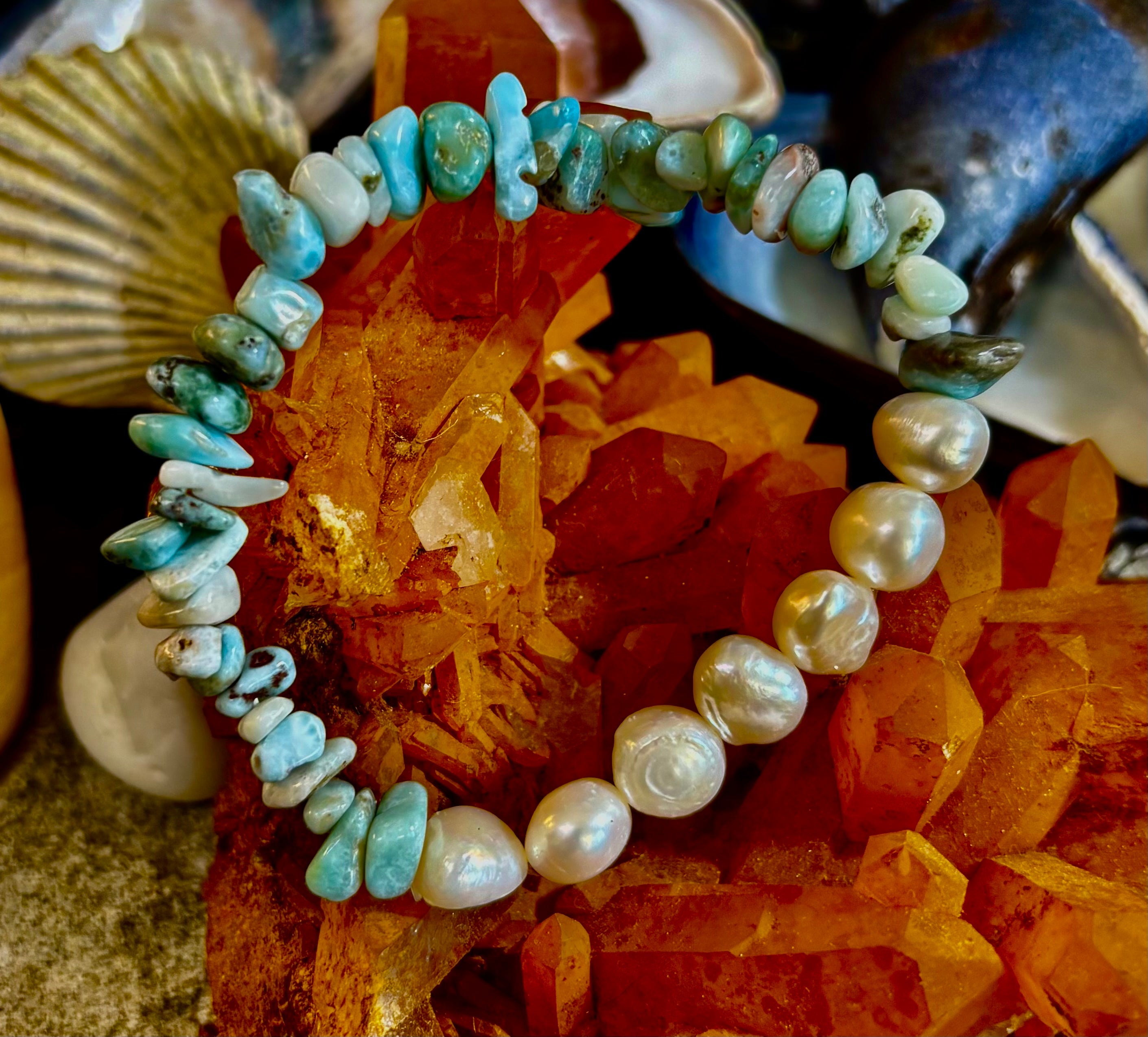 🌊 Mermaid's Treasure Bracelet - Larimar & Cultured Freshwater Pearl Stretch Bracelet