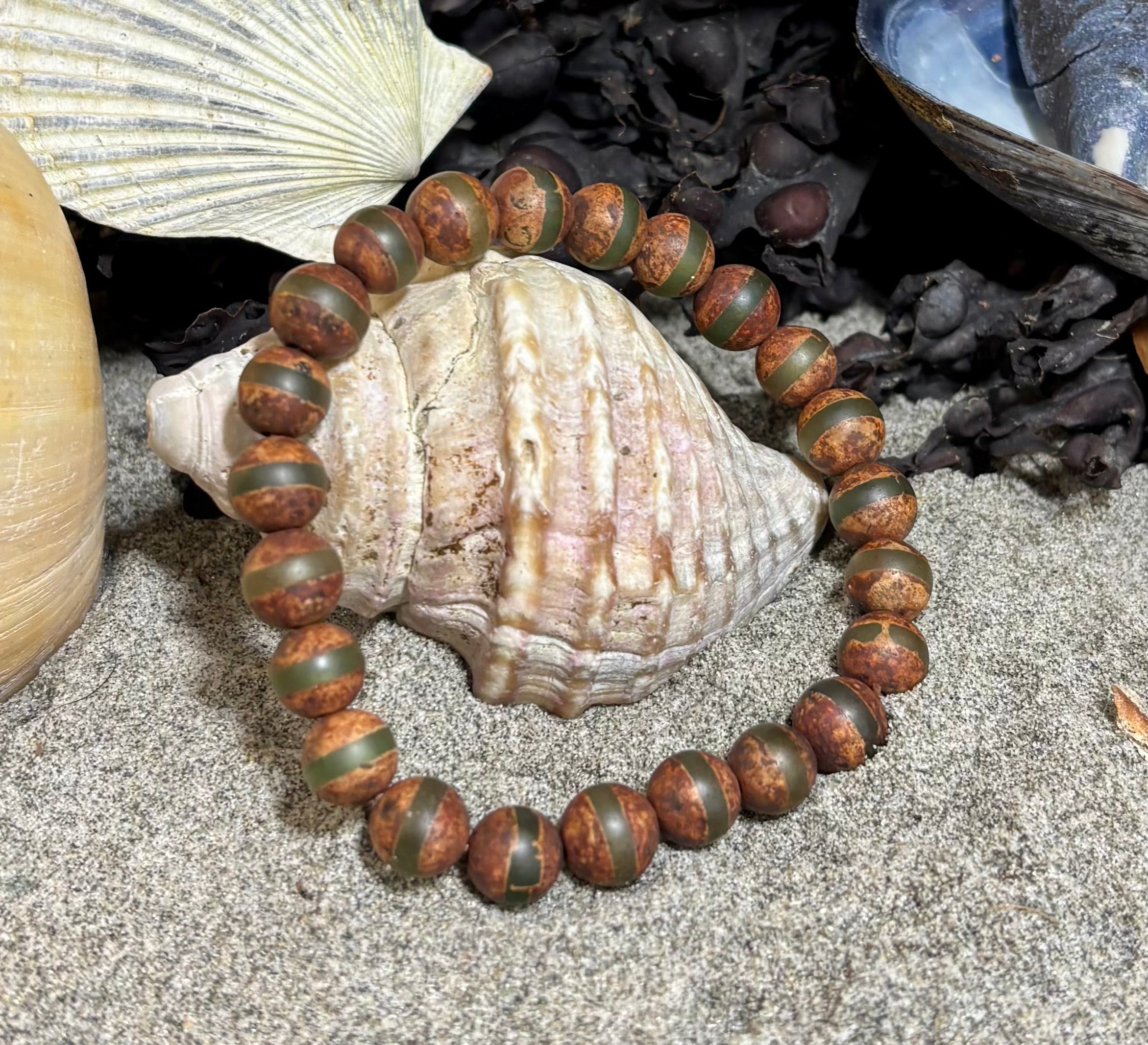 🌿 Rooted Resolve Bracelet - Brown & Green Tibetan Agate | Natural 8mm Gemstones