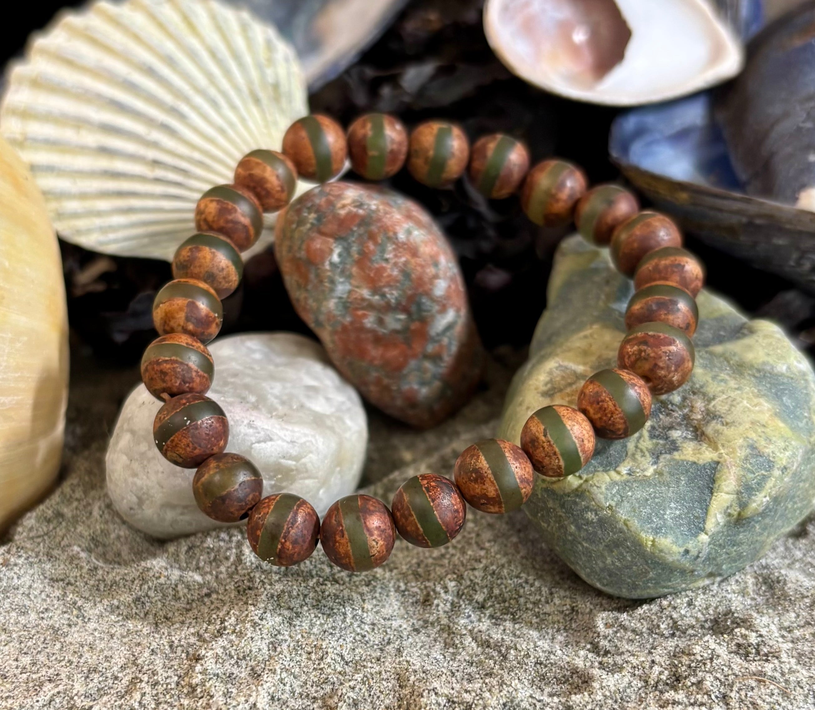 🌿 Rooted Resolve Bracelet - Brown & Green Tibetan Agate | Natural 8mm Gemstones