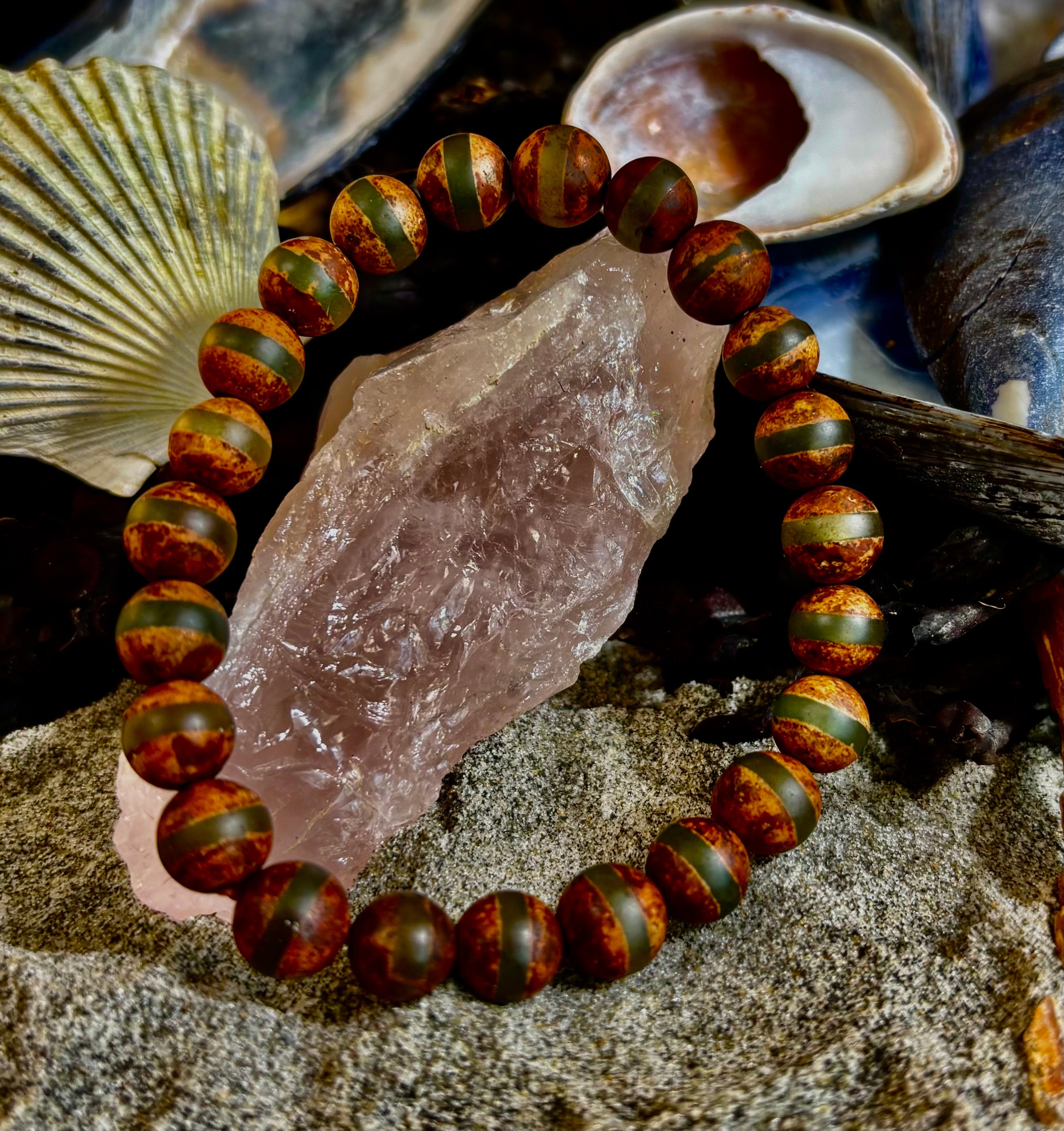🌿 Rooted Resolve Bracelet - Brown & Green Tibetan Agate | Natural 8mm Gemstones