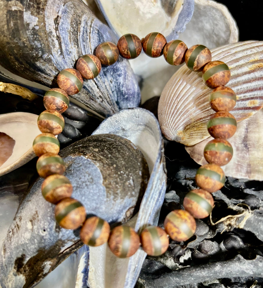 🌿 Rooted Resolve Bracelet - Brown & Green Tibetan Agate | Natural 8mm Gemstones