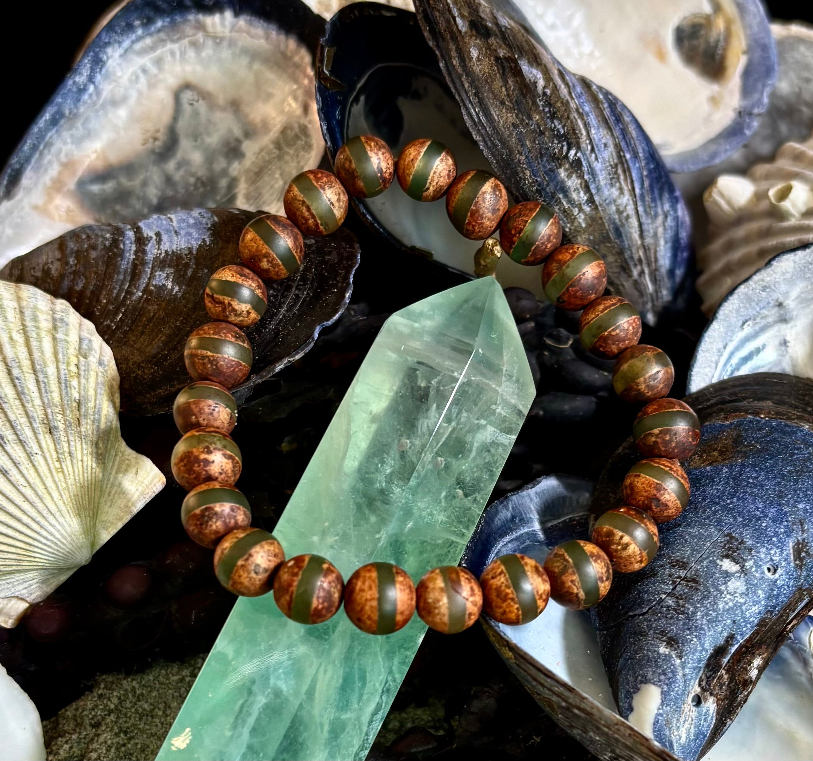 🌿 Rooted Resolve Bracelet - Brown & Green Tibetan Agate | Natural 8mm Gemstones