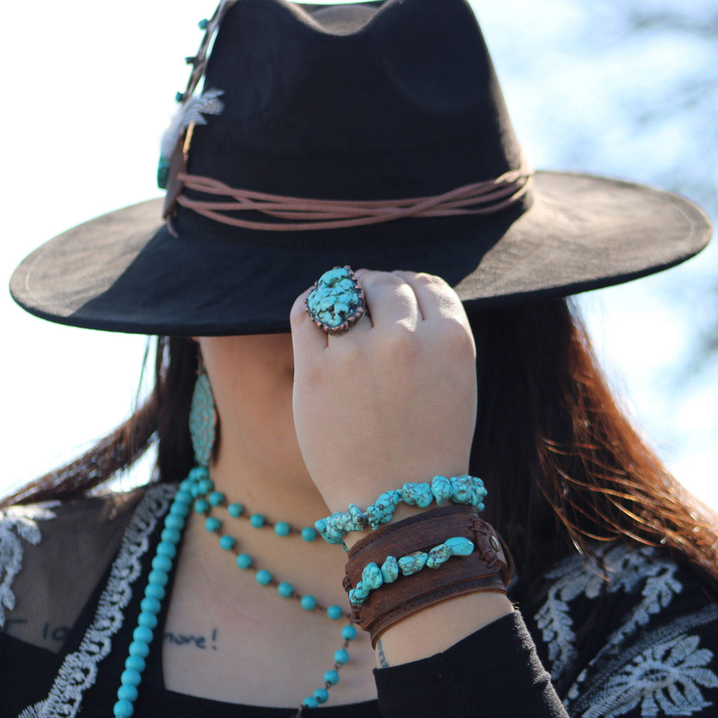 Genuine Leather Wide Cuff Bracelet w/ Natural Turquoise Chunks 006p